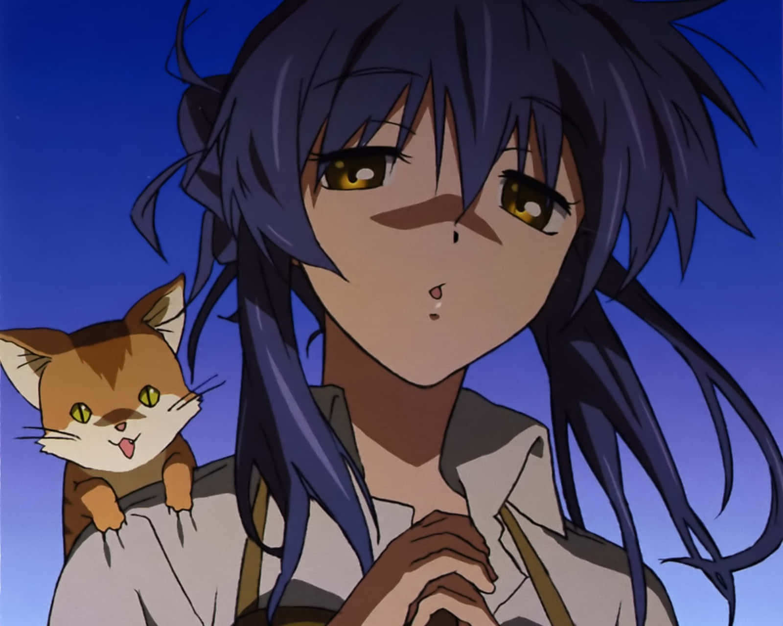 Anime Jente Med Katt Ved Skumring Bakgrunnsbildet