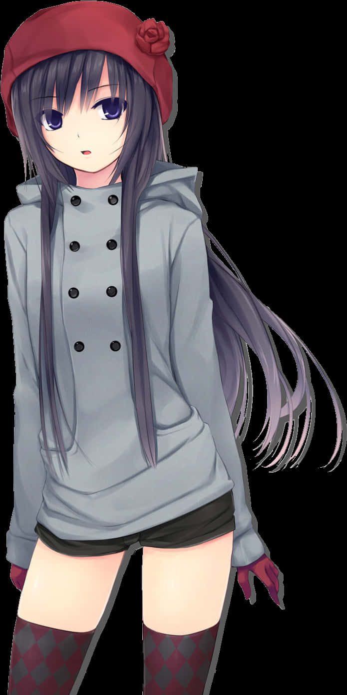 Anime Girlwith Long Purple Hairand Hat PNG