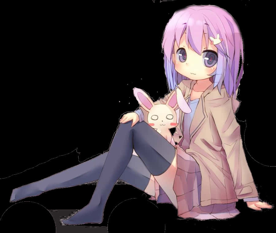 Anime Girlwith Purple Hairand Plush Bunny PNG