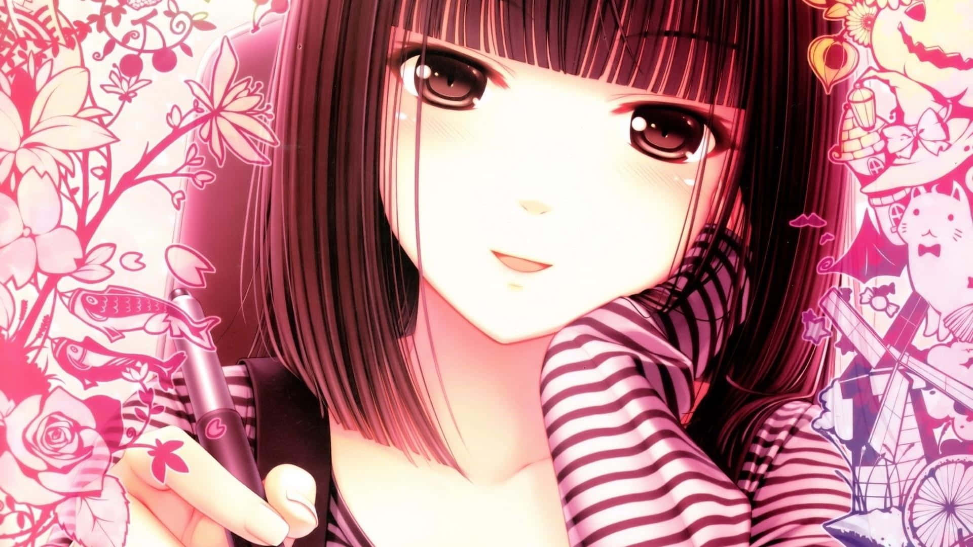 Anime Girlwith Striped Shirtand Charming Smile Wallpaper