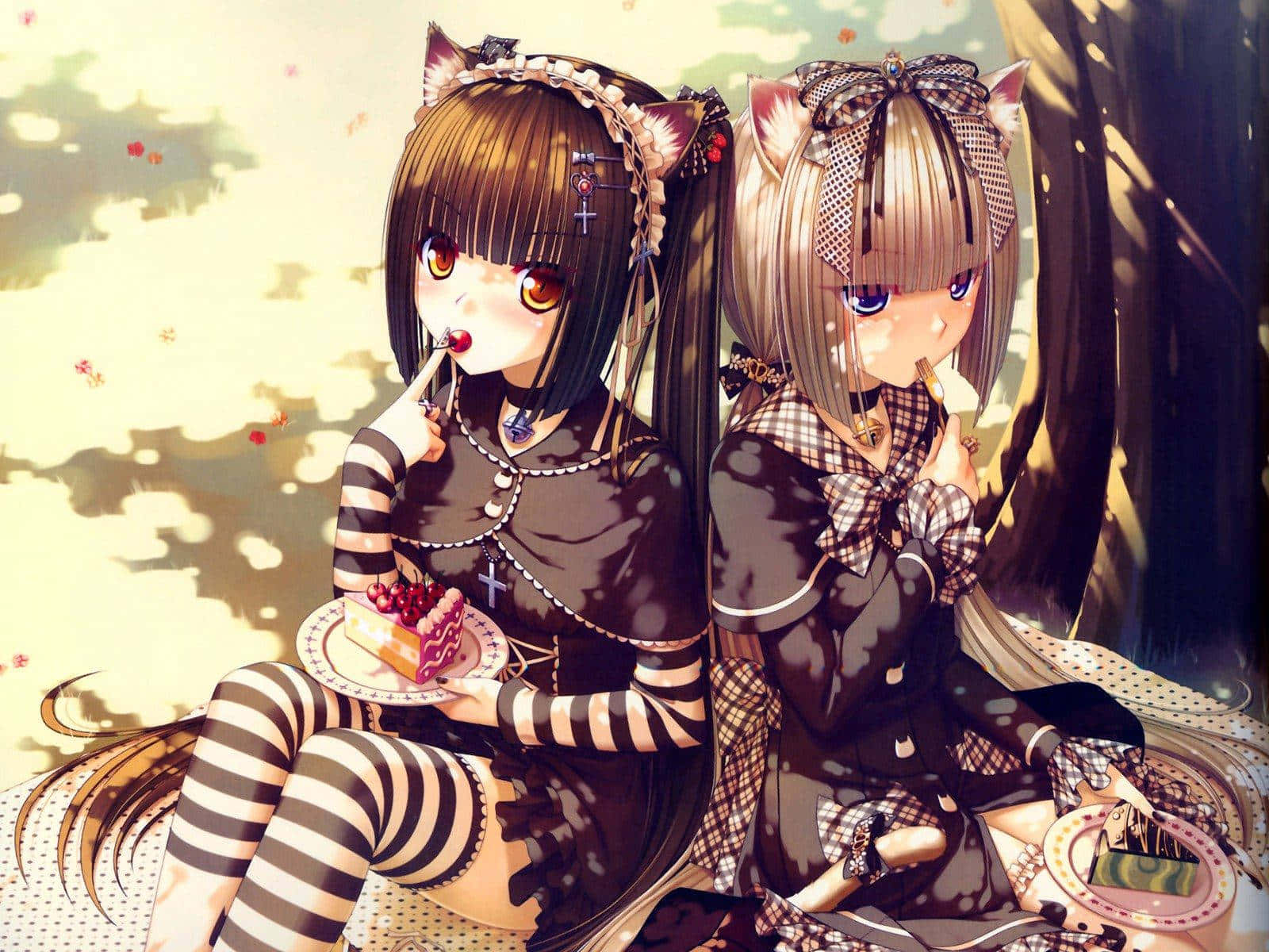 Anime_ Gothic_ Cat_ Girls_ Sharing_ Dessert Wallpaper