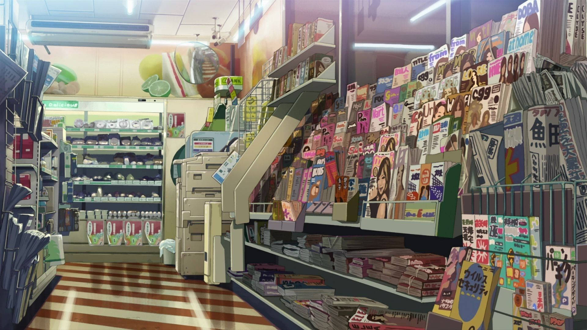 A bustling anime grocery store filled with varieties of fresh produce and goods. Wallpaper
