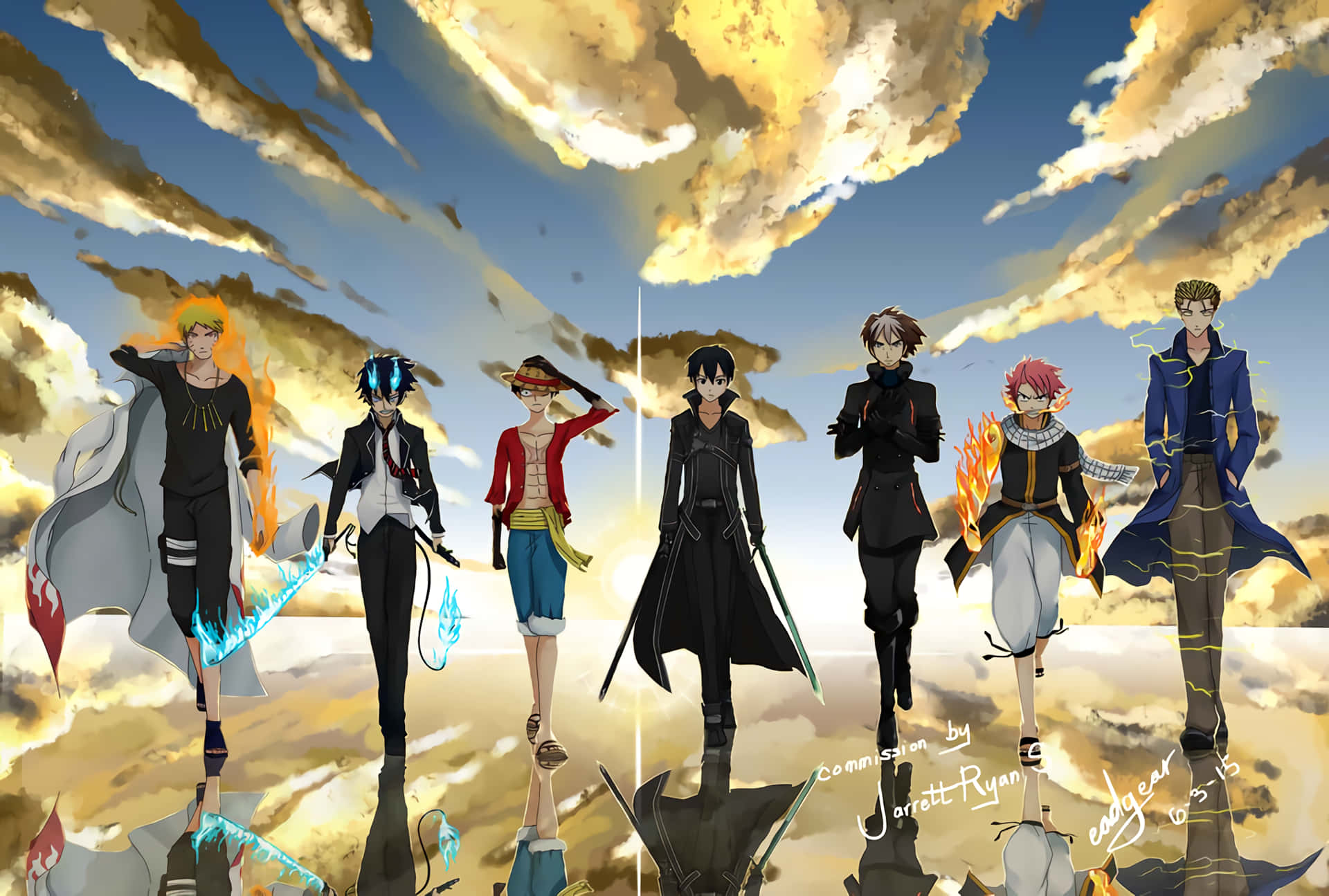 A Group Of Anime Characters Standing In Front Of A Cloudy Sky Wallpaper