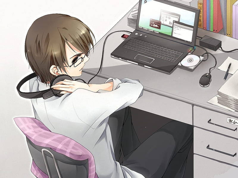 Anime Guy Holds His Headphones While Working On Laptop