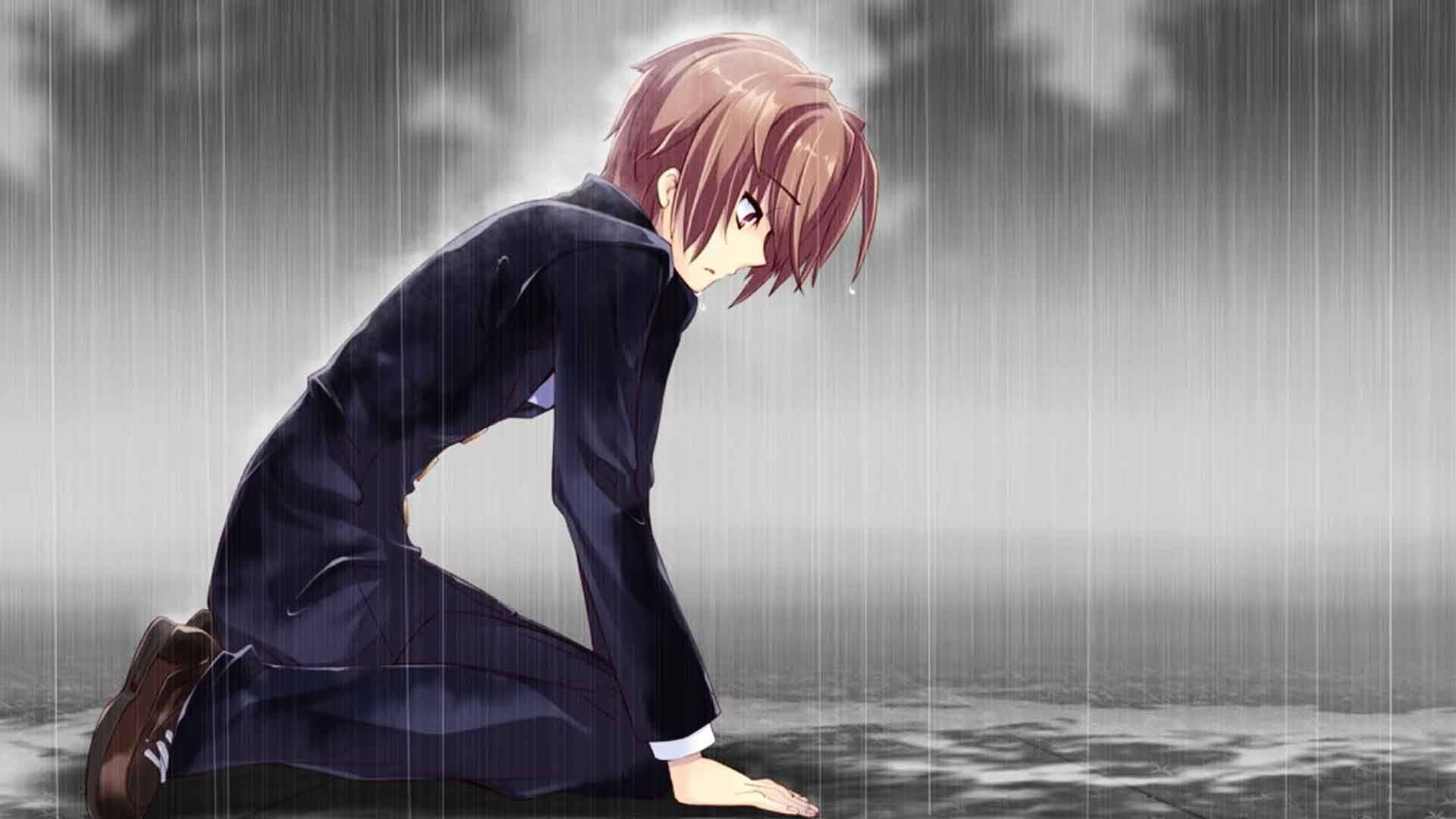 Anime Guy Kneeling In Rain Nightcore Background