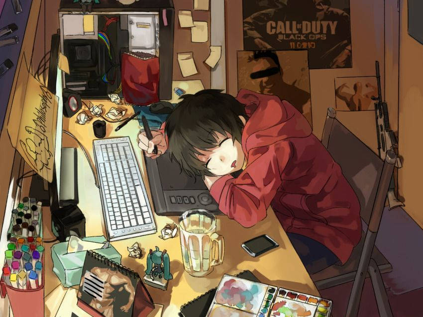 Anime Guy Sleeps By Laptop Trackpad Wallpaper