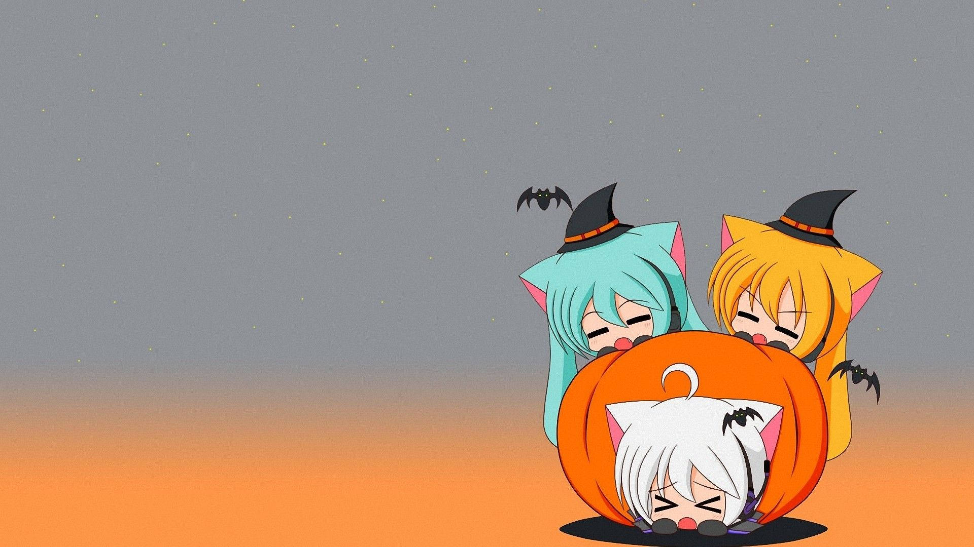 Meninasde Halloween De Anime Espremendo Em Uma Abóbora Para Papel De Parede De Computador Ou Celular. Papel de Parede