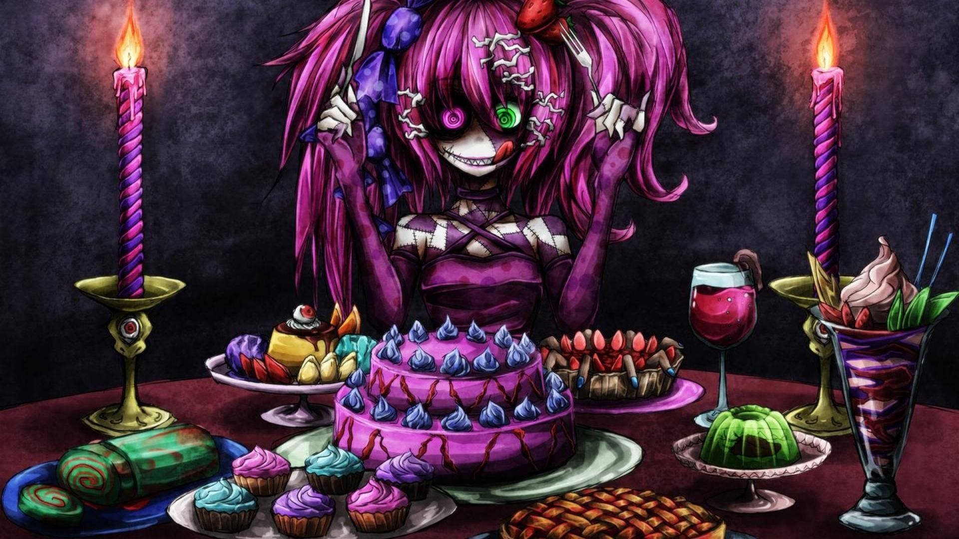 A Girl With Purple Hair Sitting At A Table With Candles And Cake Wallpaper