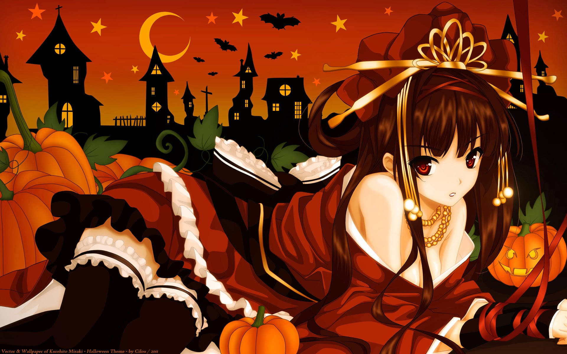 Garotade Anime De Halloween Em Roupas Vermelhas. Papel de Parede