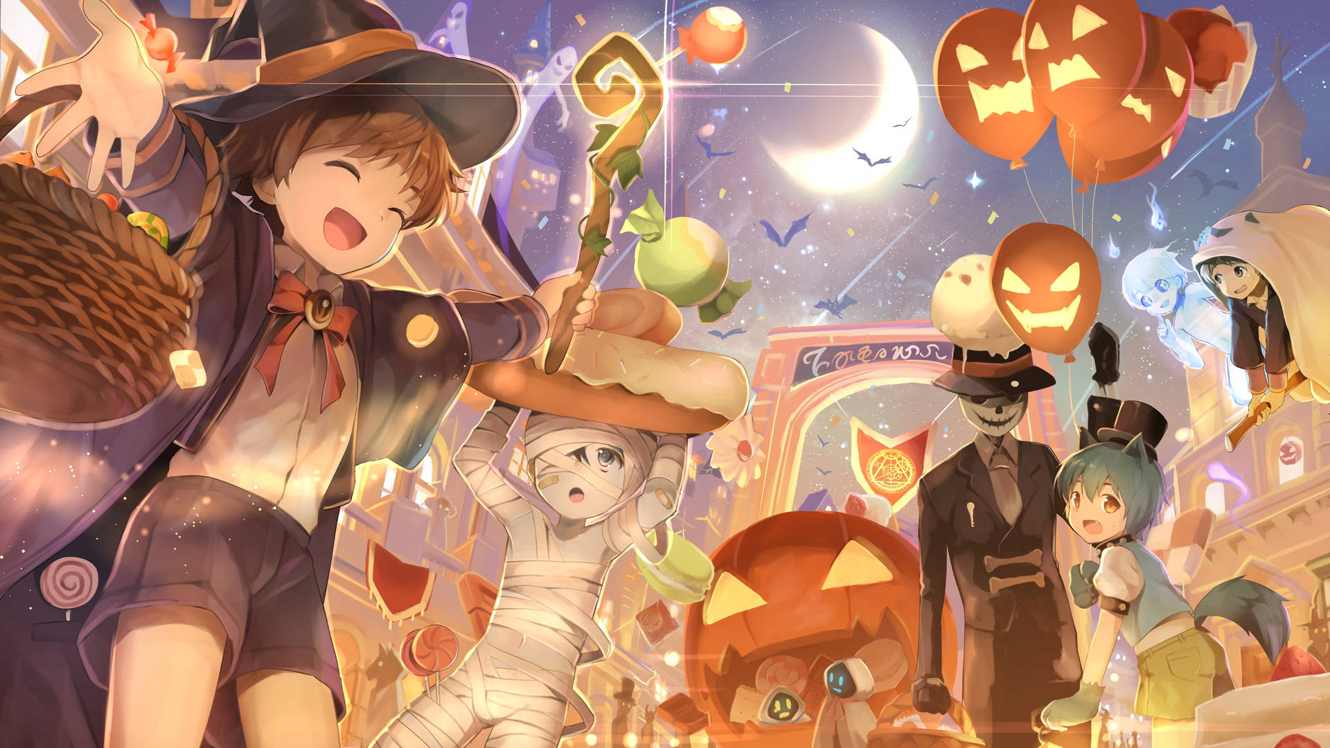 Anime Halloween Characters Trick-Or-Treating Wallpaper