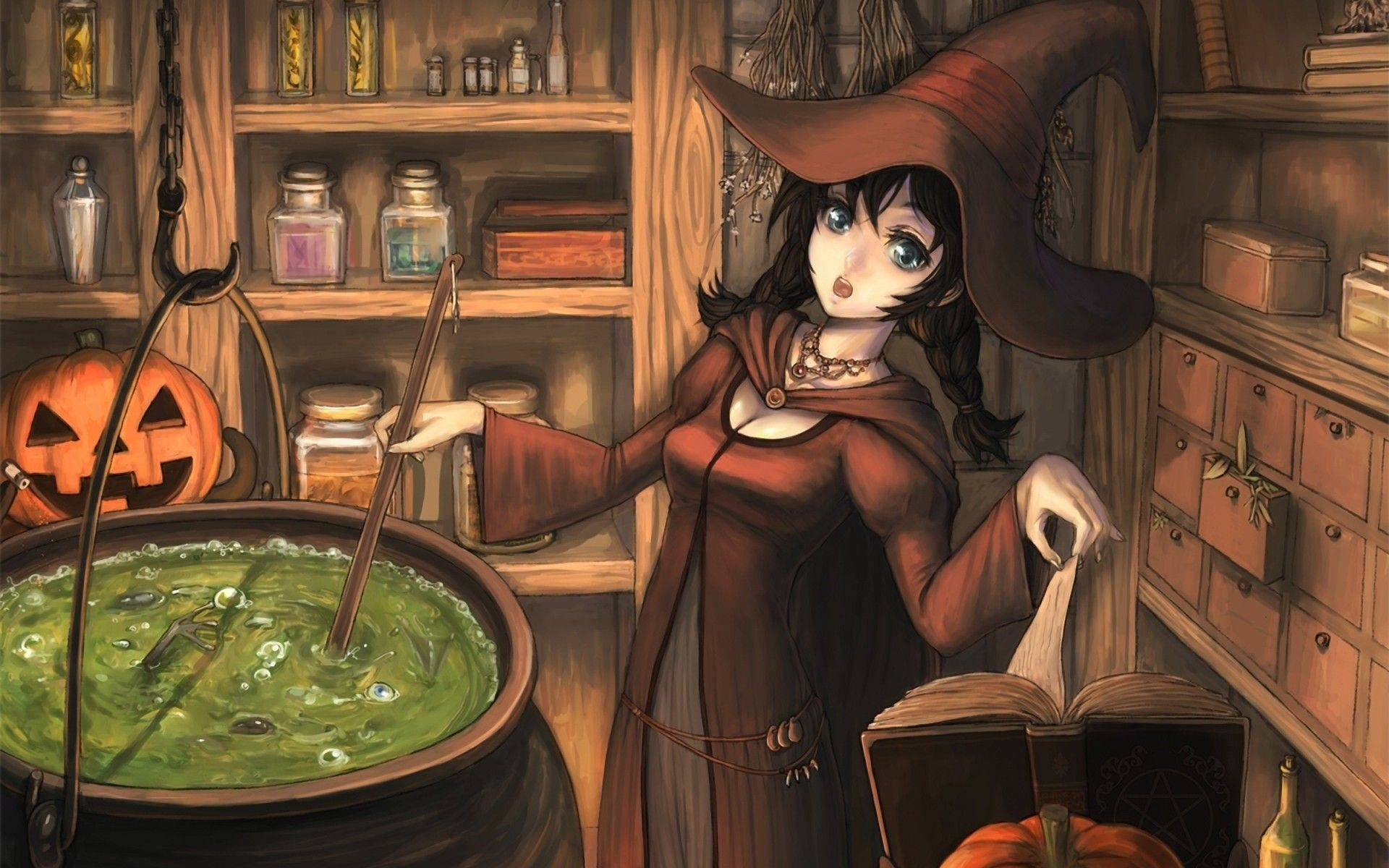 Anime Halloween Witch Brewing Potion Wallpaper