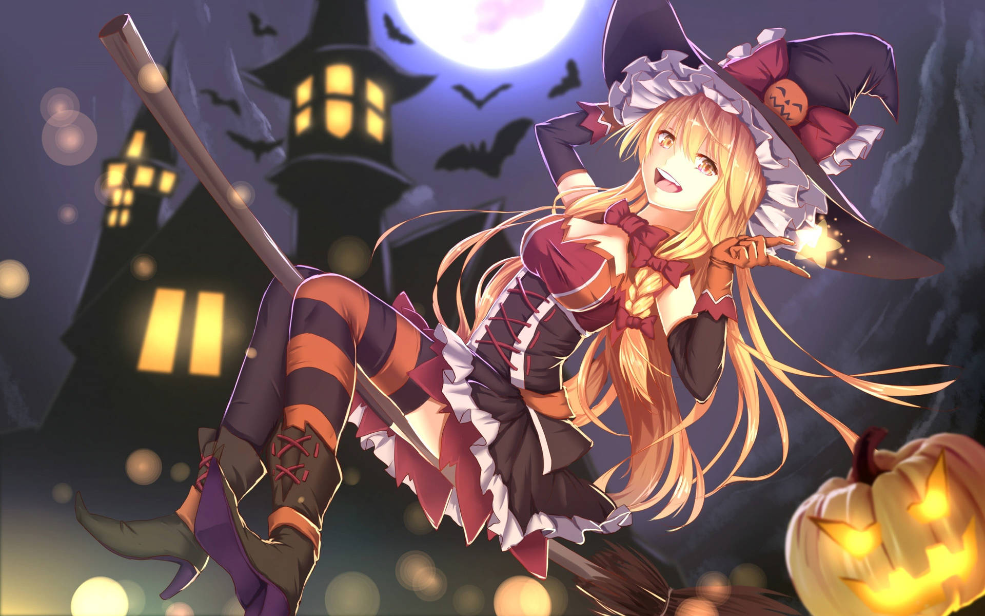 Adorable anime girl in a halloween costume with pumpkins and black cat on  Craiyon