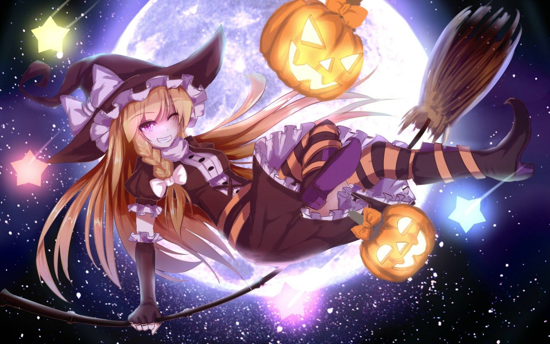 Chicade Anime Volando En Una Escoba En Halloween. Fondo de pantalla