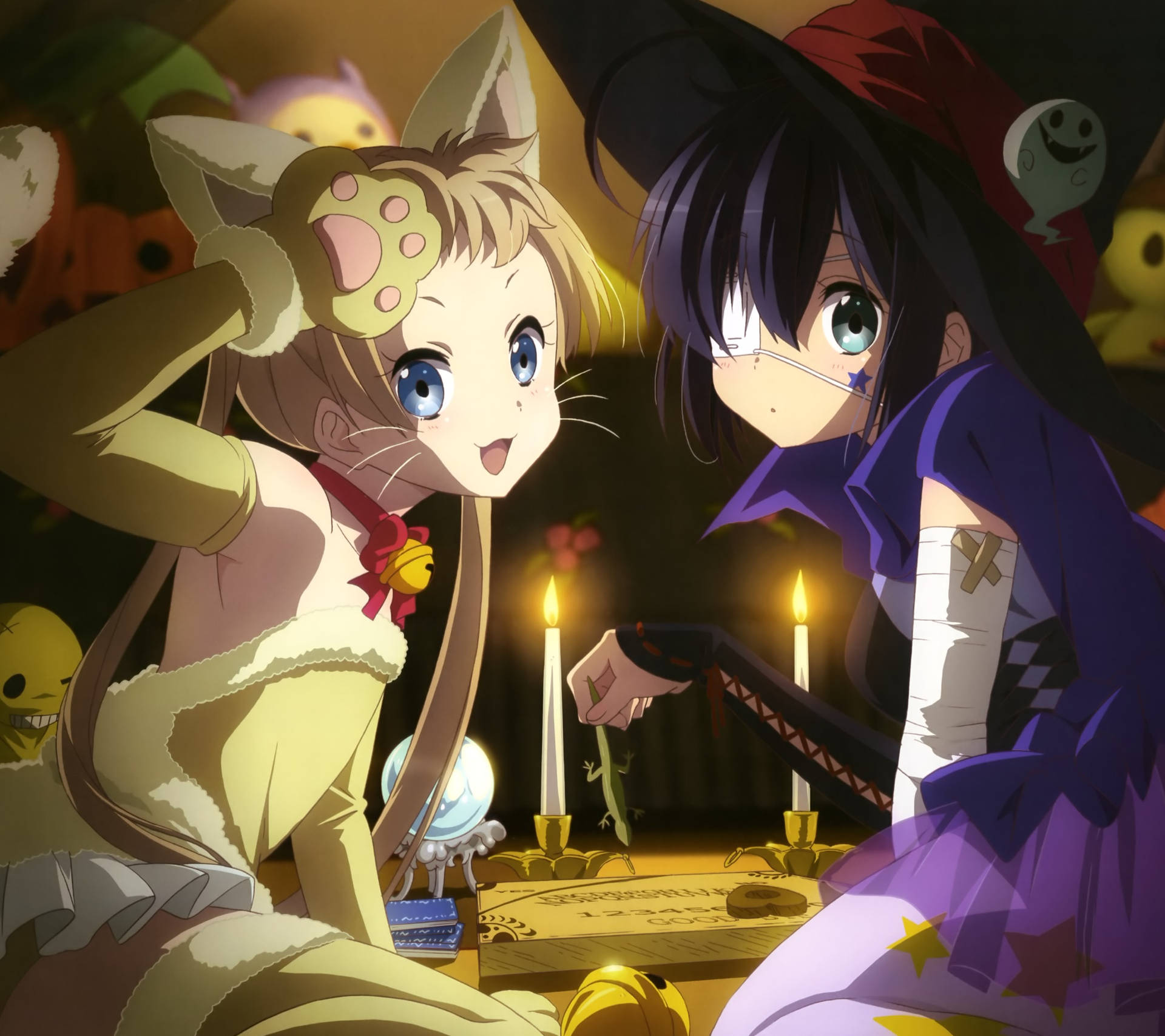 Anime Halloween Piger, der spiller Oujia Wallpaper