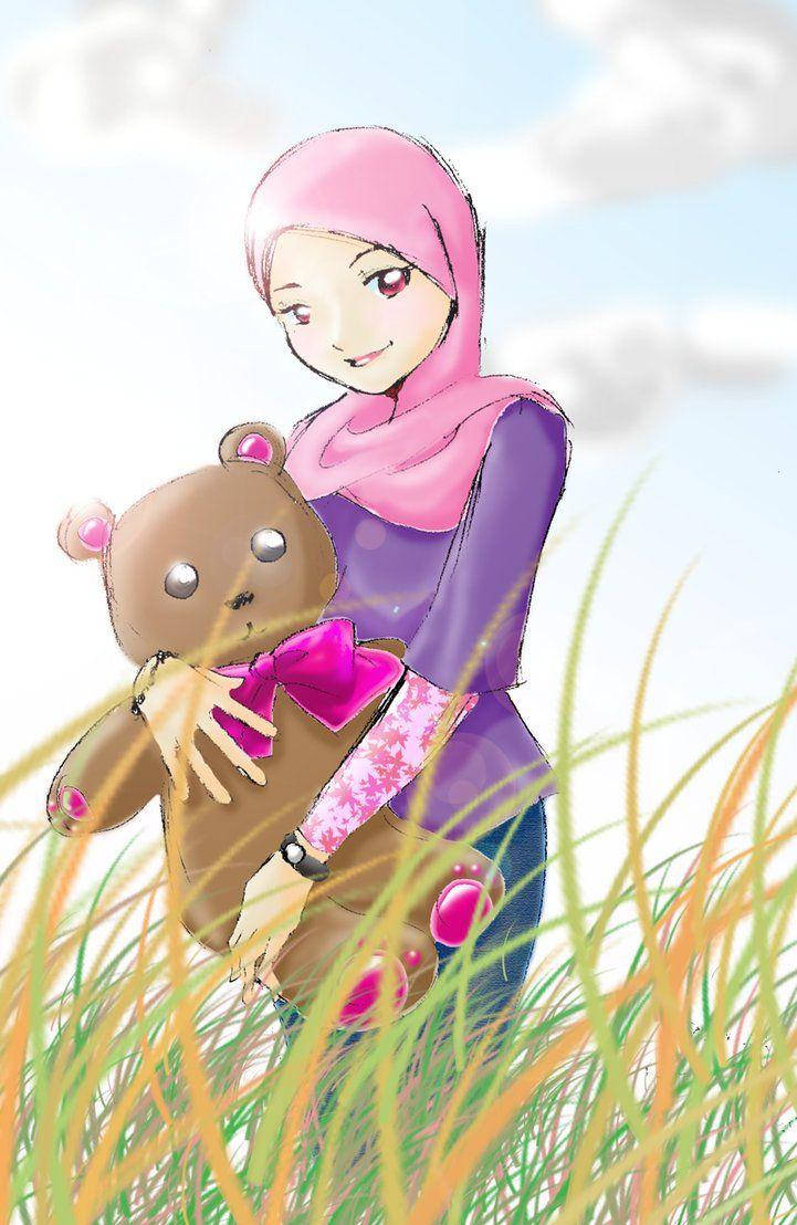 Animemädchen Mit Hijab Und Stofftier Wallpaper