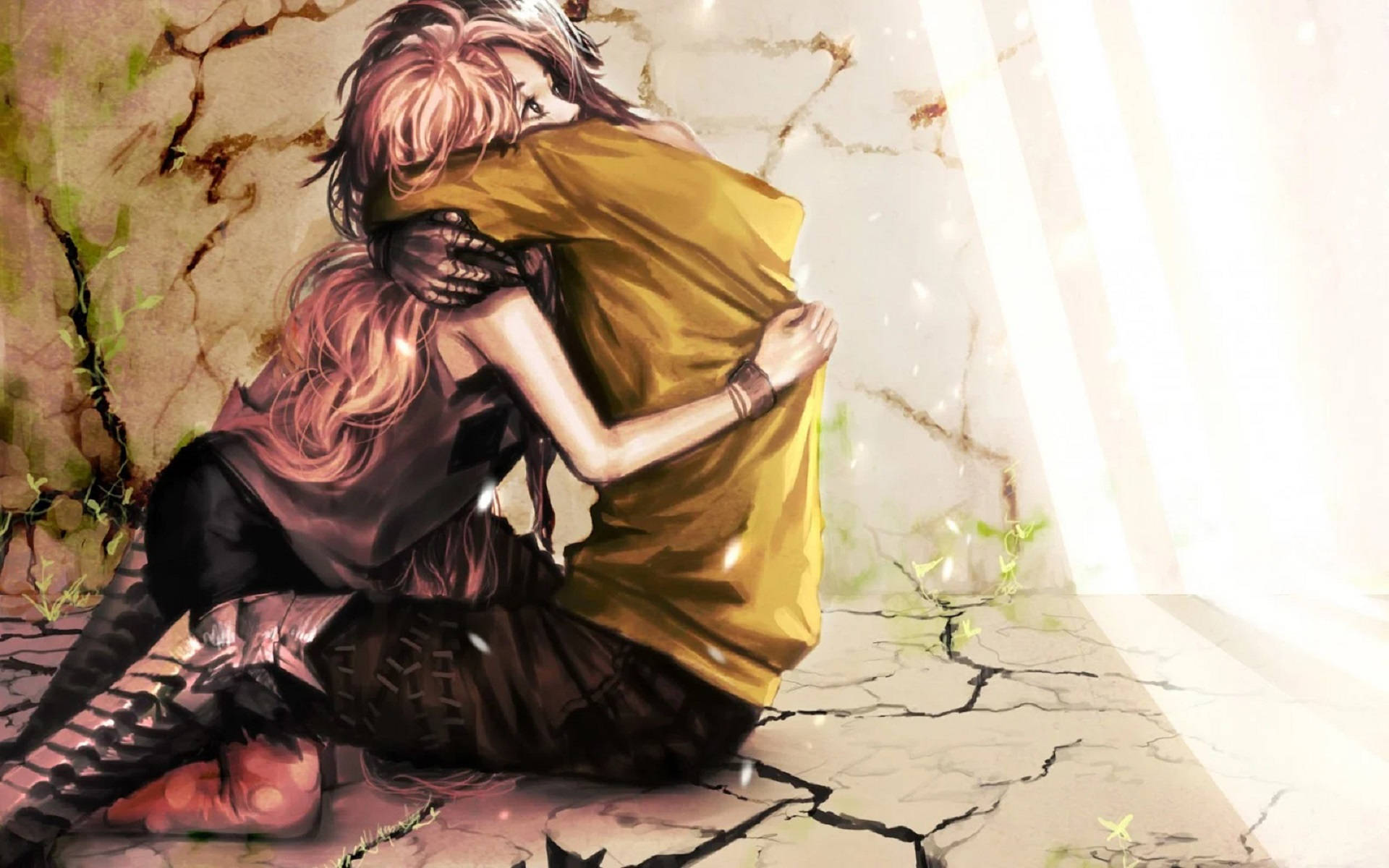 Anime Hug In Dried Soil Wallpaper