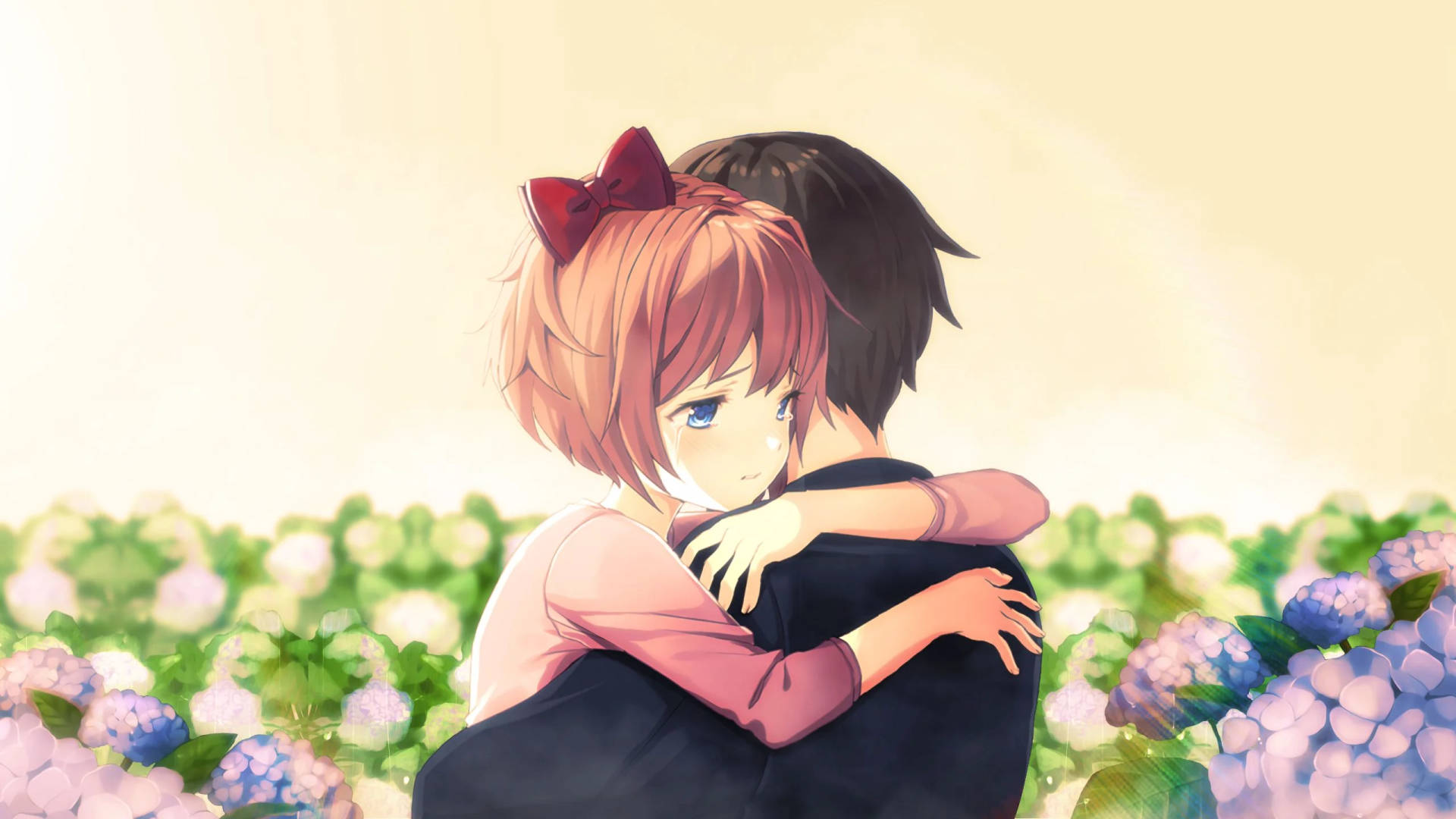 Anime Hug In Flower Garden Wallpaper