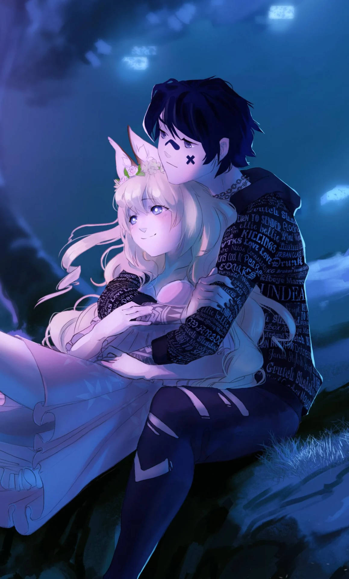 Anime Hug Under Night Sky Wallpaper