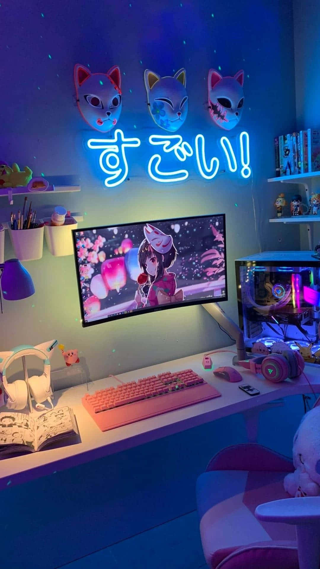 Anime Inspired Gamer Roomwith Neon Lights Wallpaper