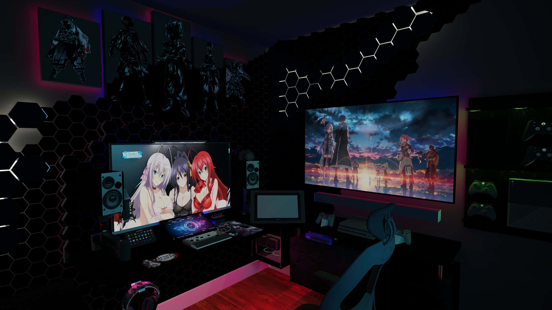 Anime Inspired Gaming Setup At Night Wallpaper