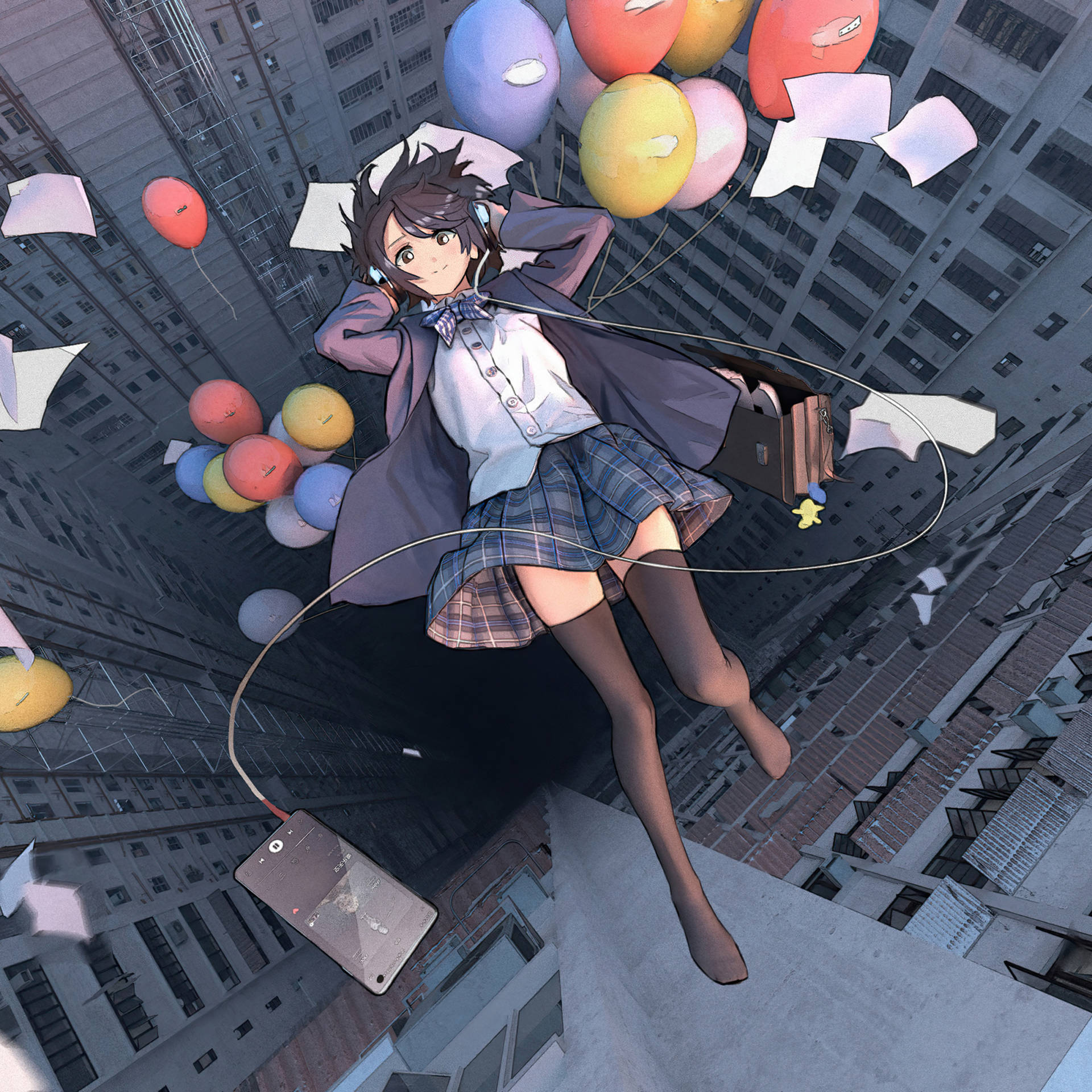 Wallpaper: Anime iPad-pige, der falder med balloner tapet. Wallpaper