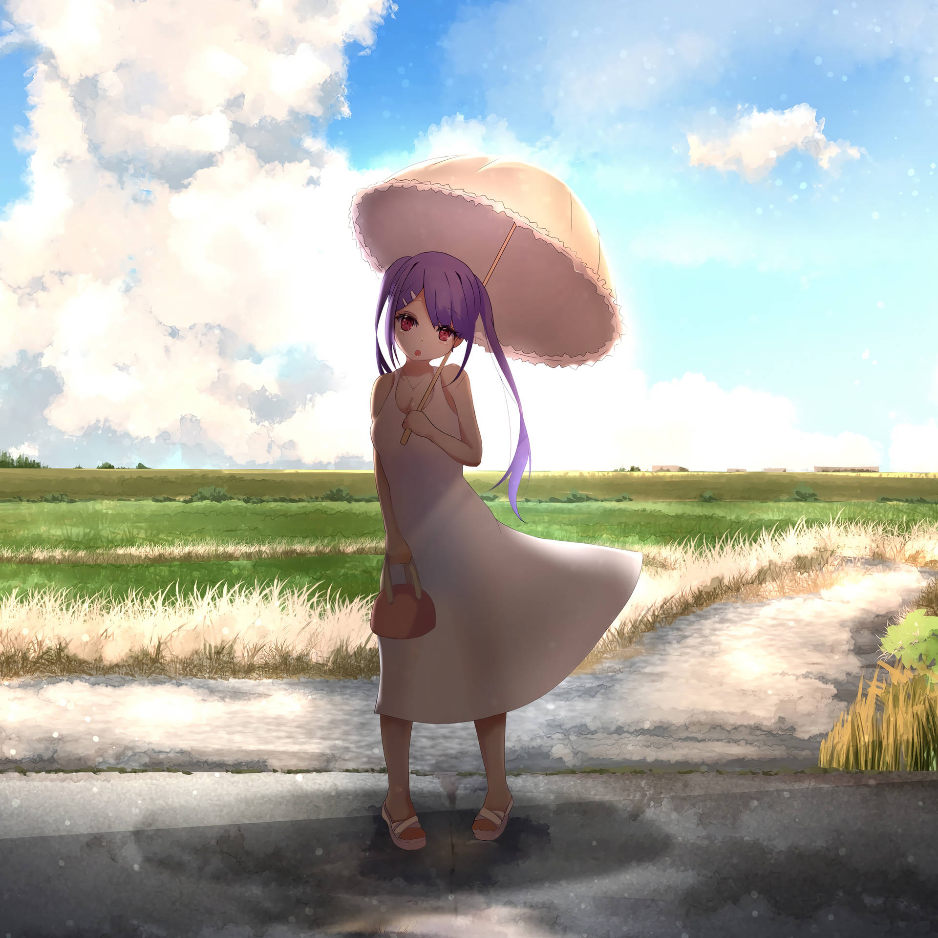 Anime Girl in Sundress on Ipad Screen Wallpaper