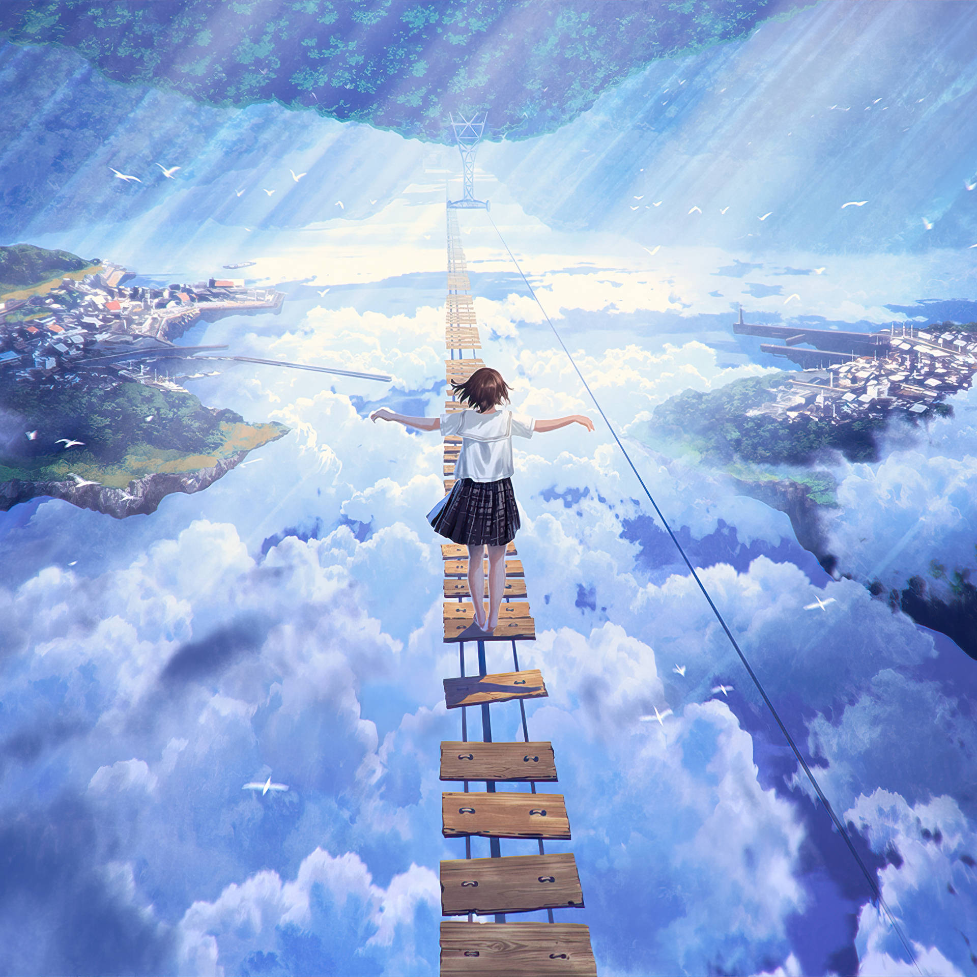 Chicade Anime Caminando En Un Puente En Ipad. Fondo de pantalla