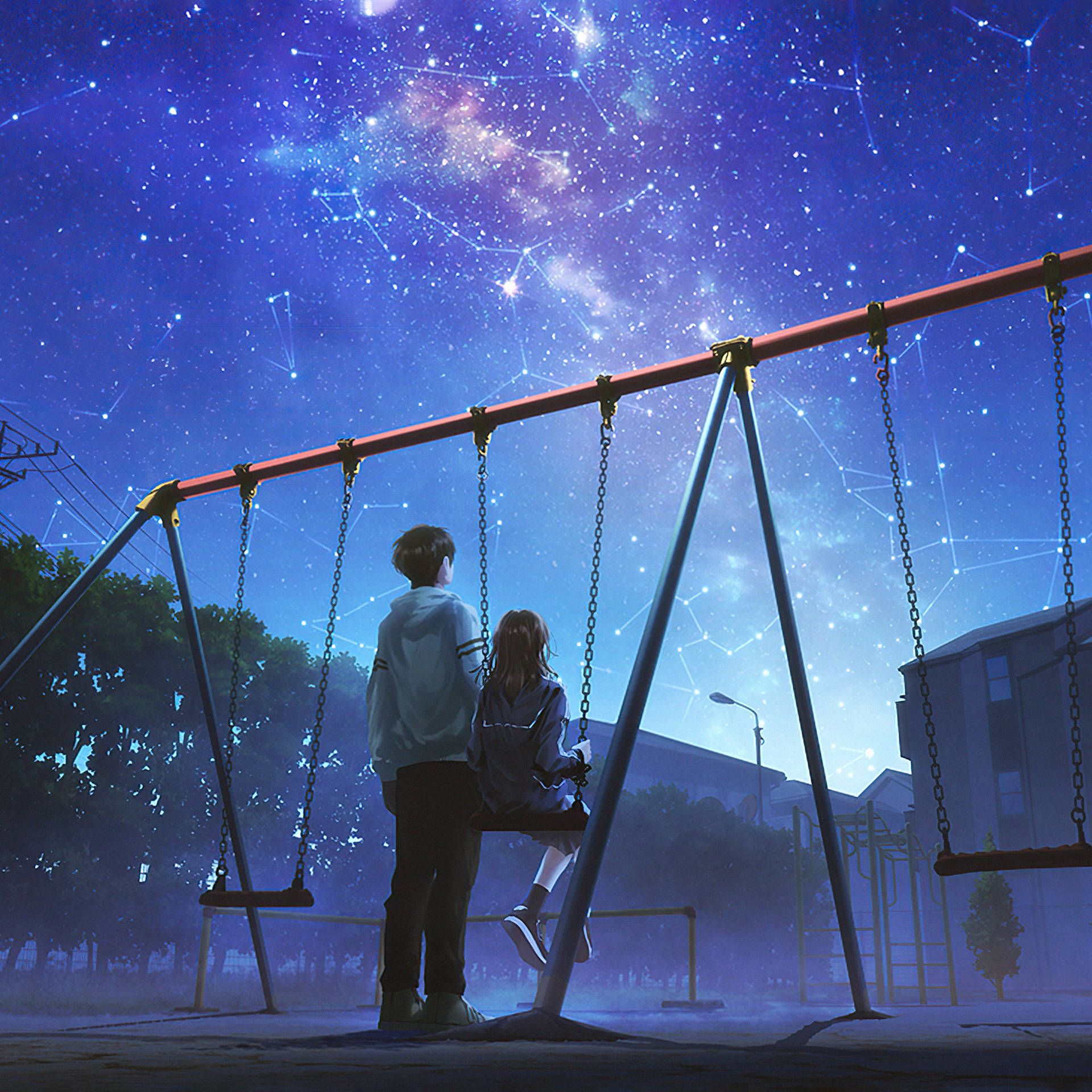 Anime IPad Swings Under Starry Sky Wallpaper