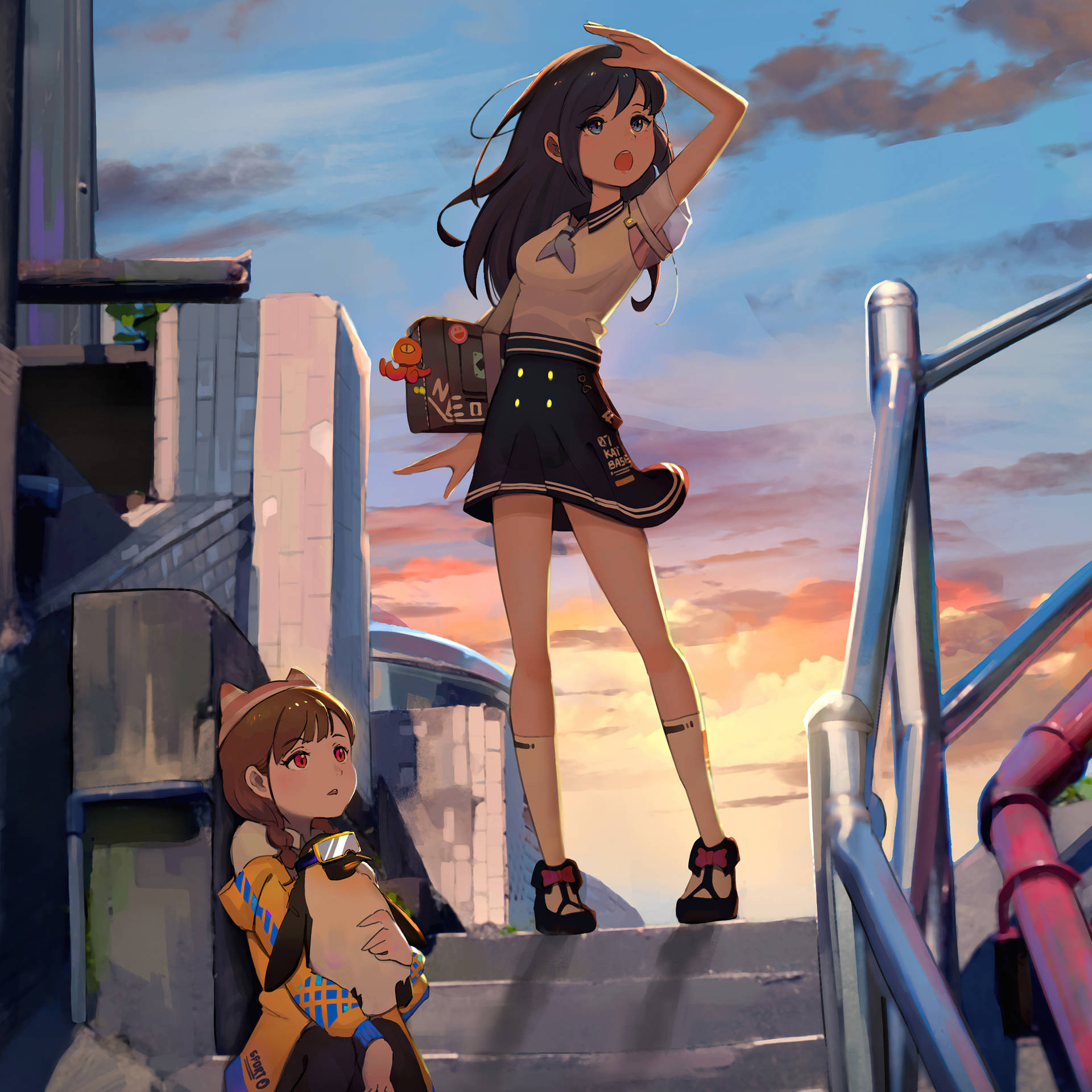 Animeipad - Zwei Mädchen Und Ein Pinguin Wallpaper
