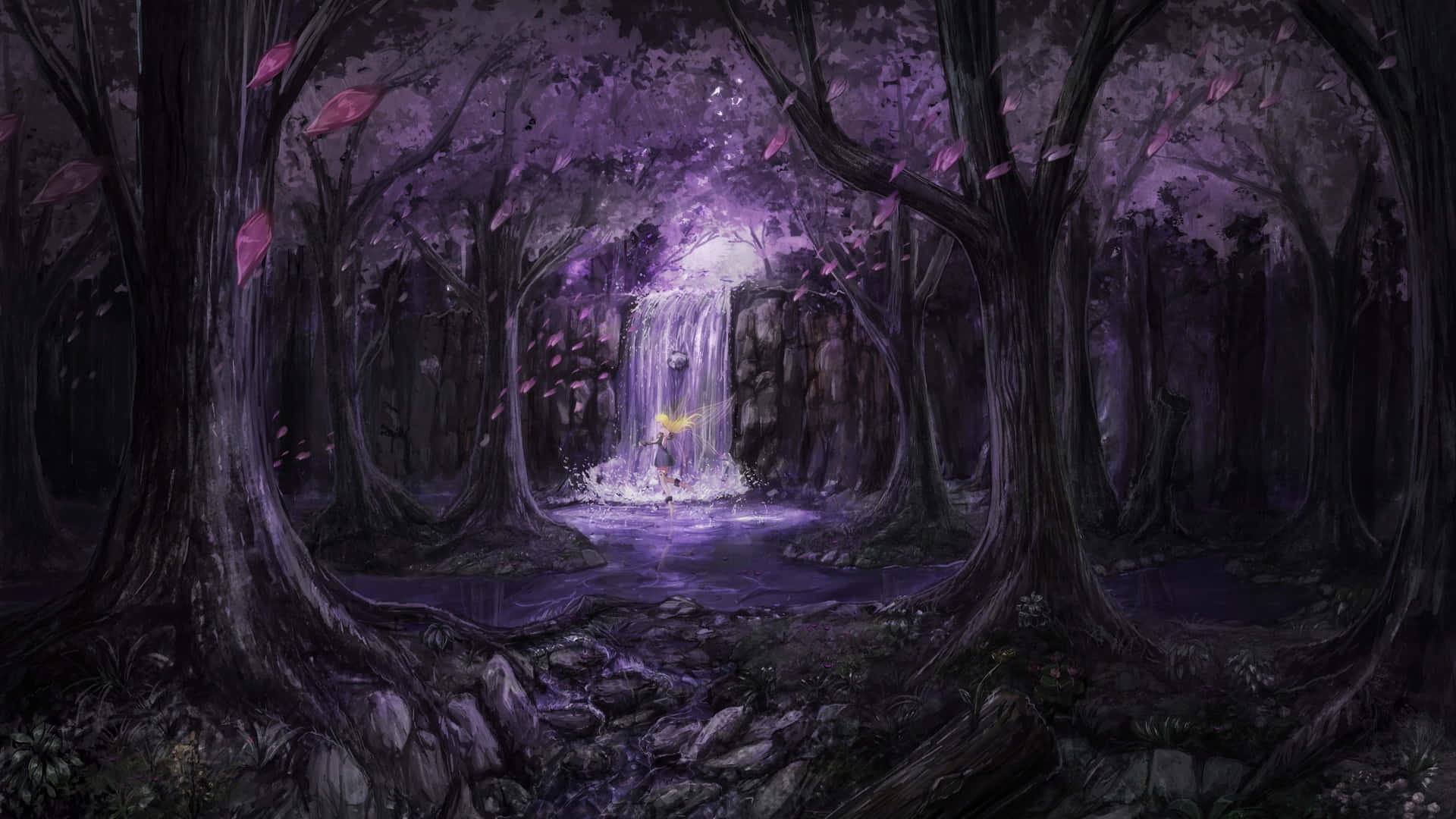 A Purple Forest With A Waterfall In The Middle