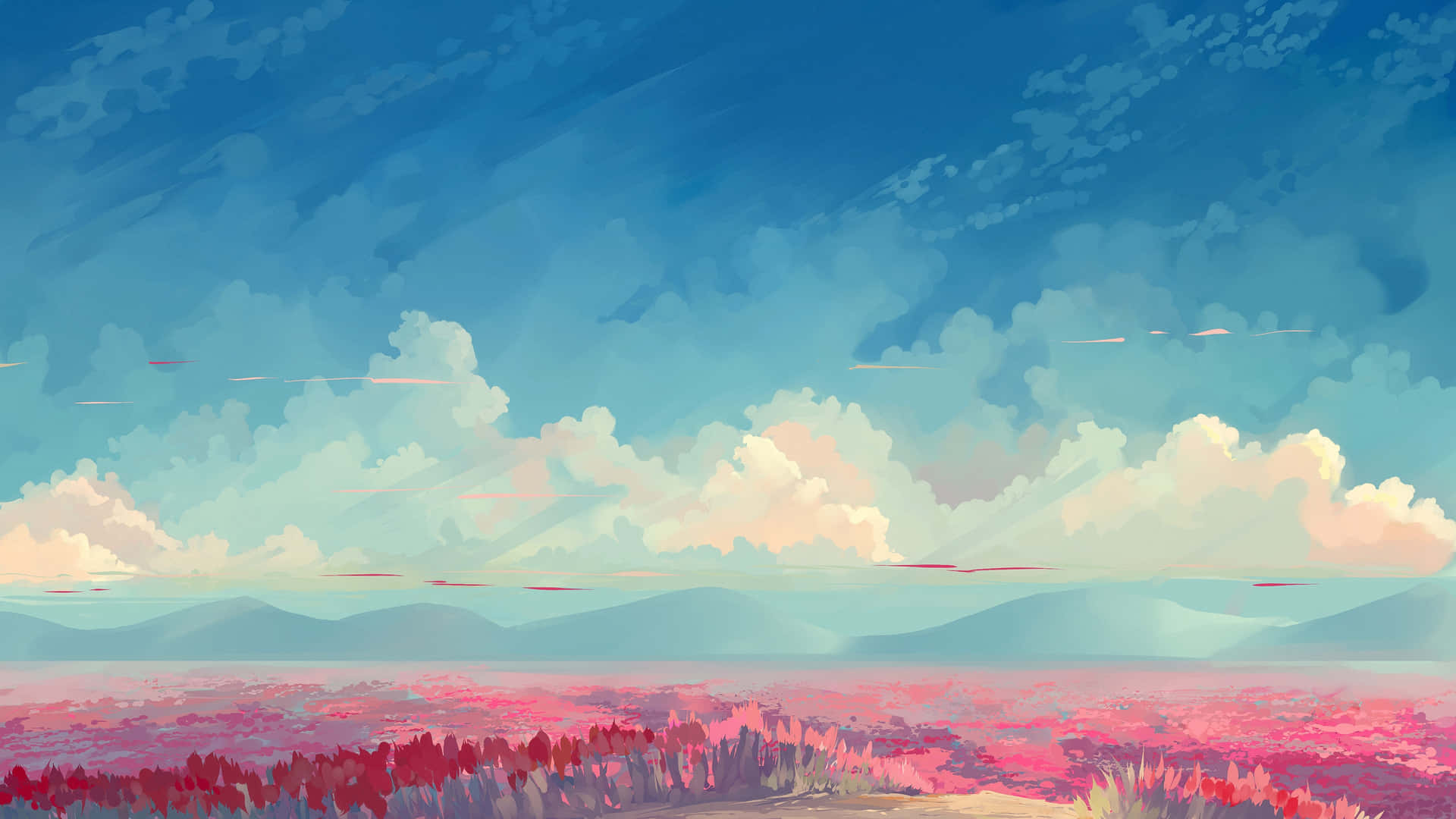 Premium AI Image | Anime landscape with a field of flowers and a blue sky  with clouds