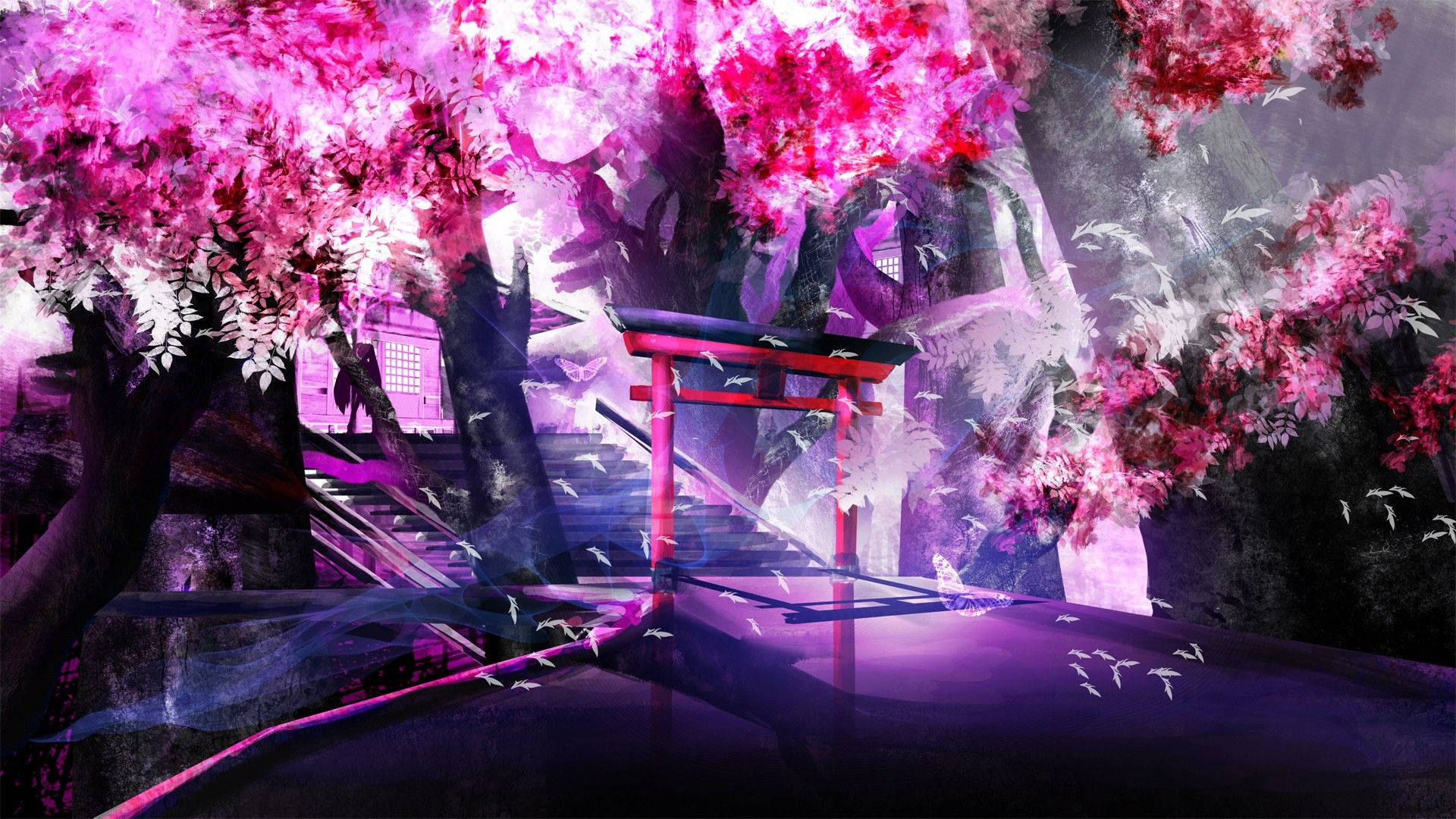 Anime Landscape Cherry Blossom Trees Wallpaper