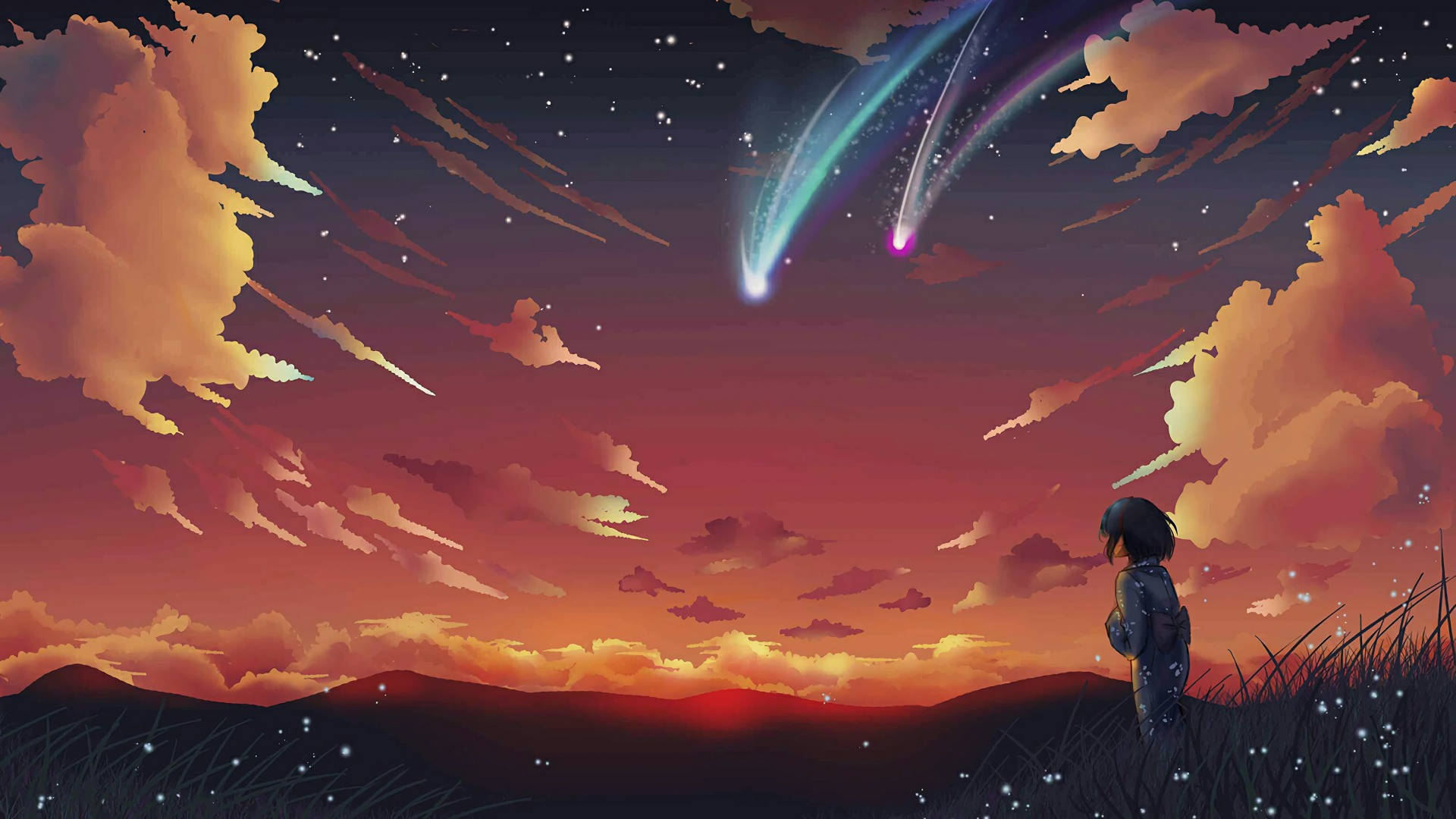 Anime Landscape Shooting Stars Wallpaper