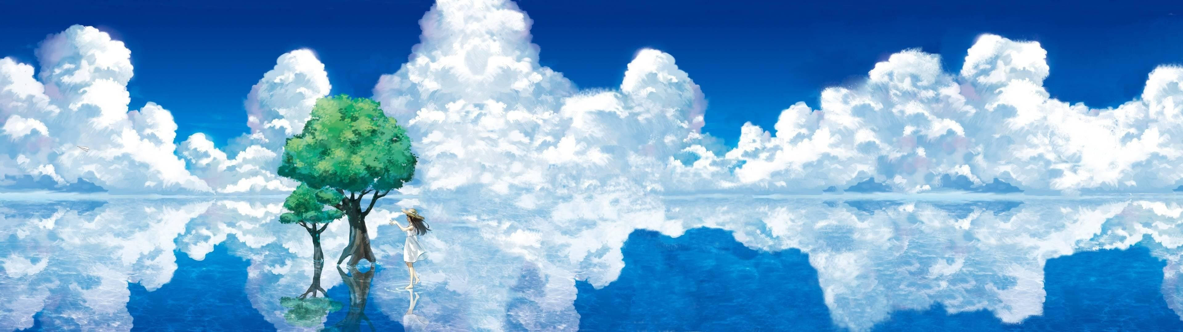An expansive anime landscape complete with a vast sky Wallpaper