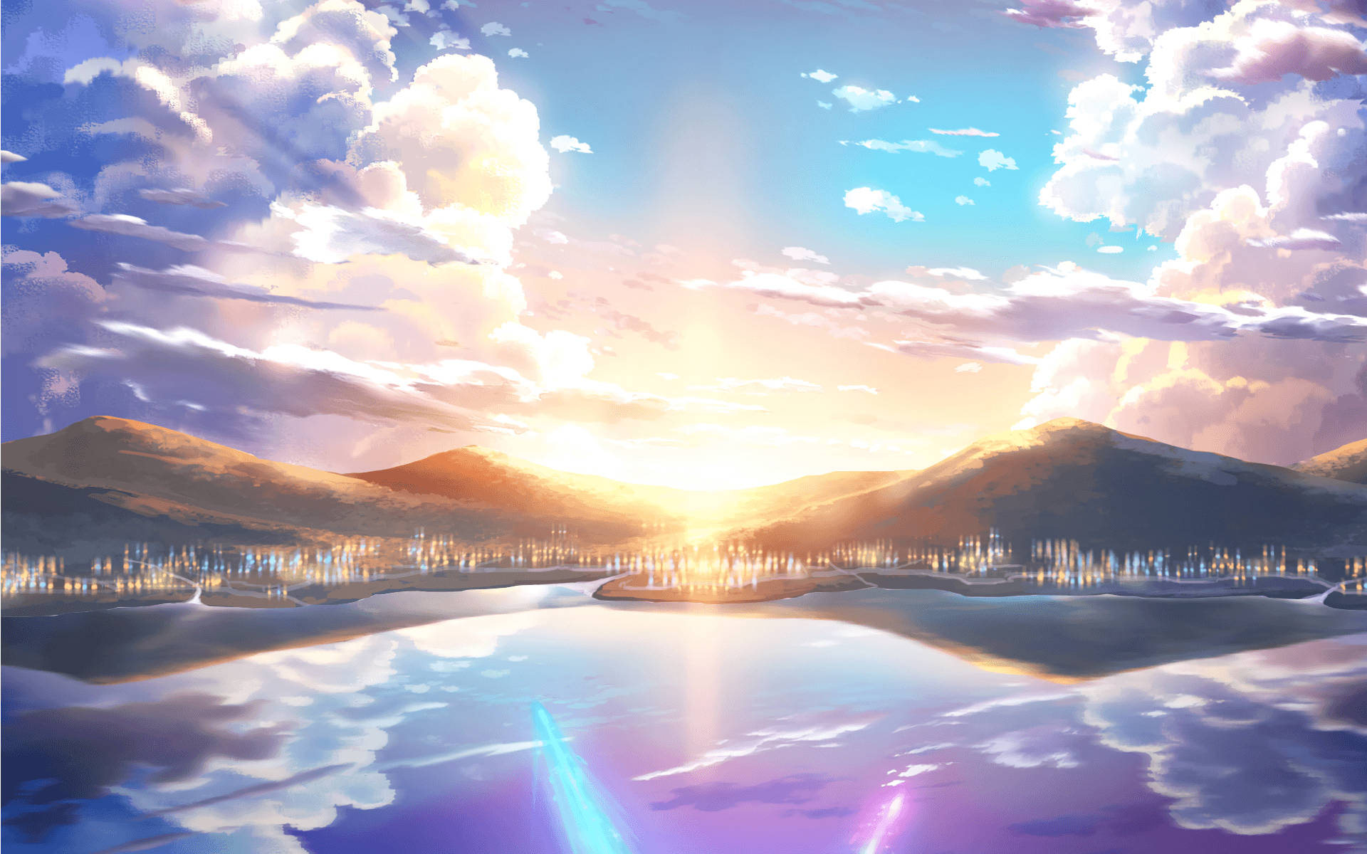 Anime Landscape Sunrise On Mountains Wallpaper