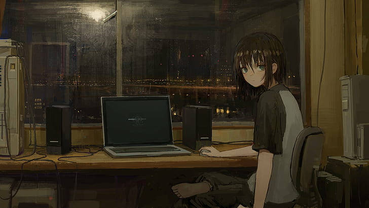 Anime Laptop By The Raining Cityscape Wallpaper
