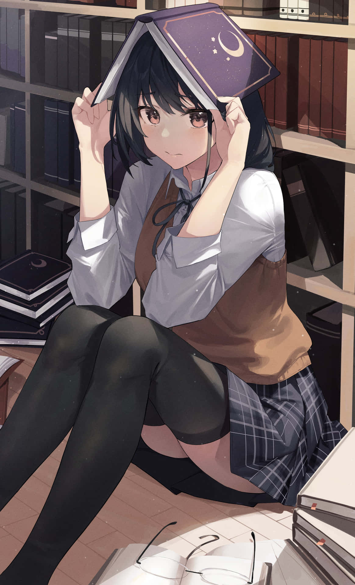 Anime Library Girl In Thigh Highs Wallpaper