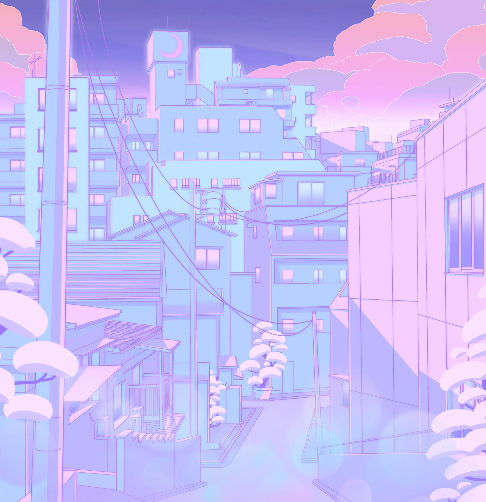 Vecindarioestilo Anime Con Una Estética Japonesa En Tonos Pastel. Fondo de pantalla