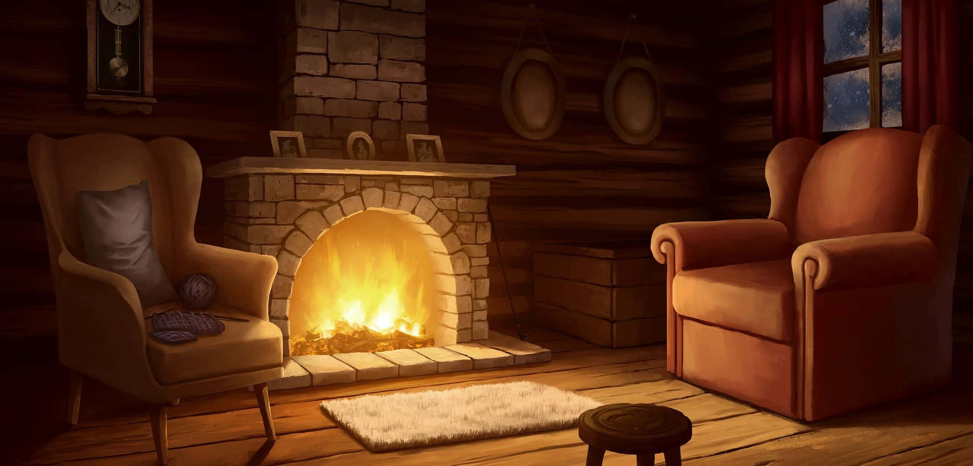 A Cabin With A Fireplace And Chairs