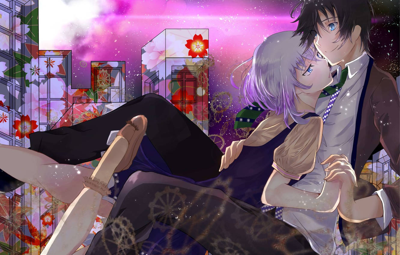 Anime Love Couple Hugging Background
