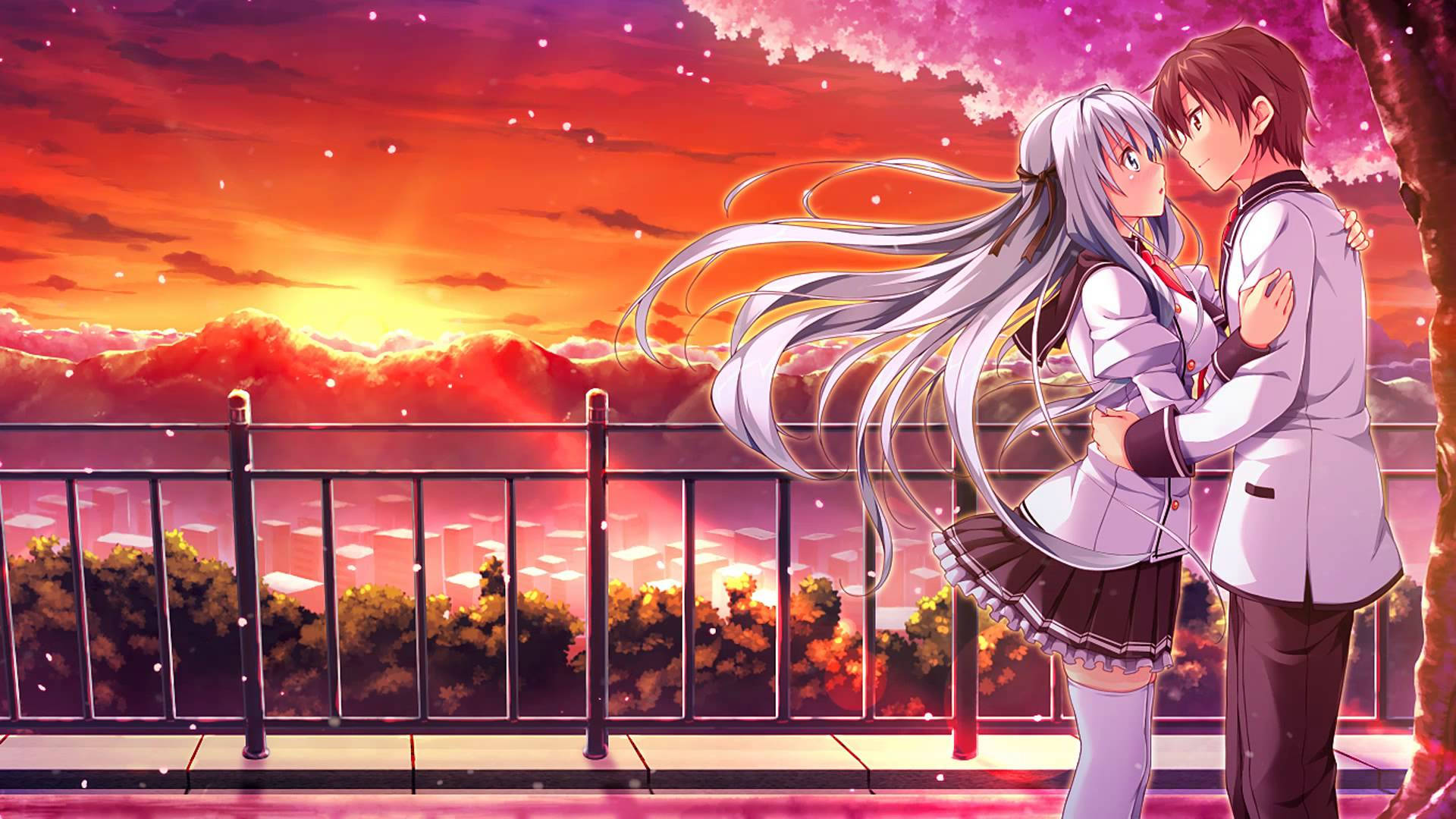 Anime Love Under Cherry Blossom Background