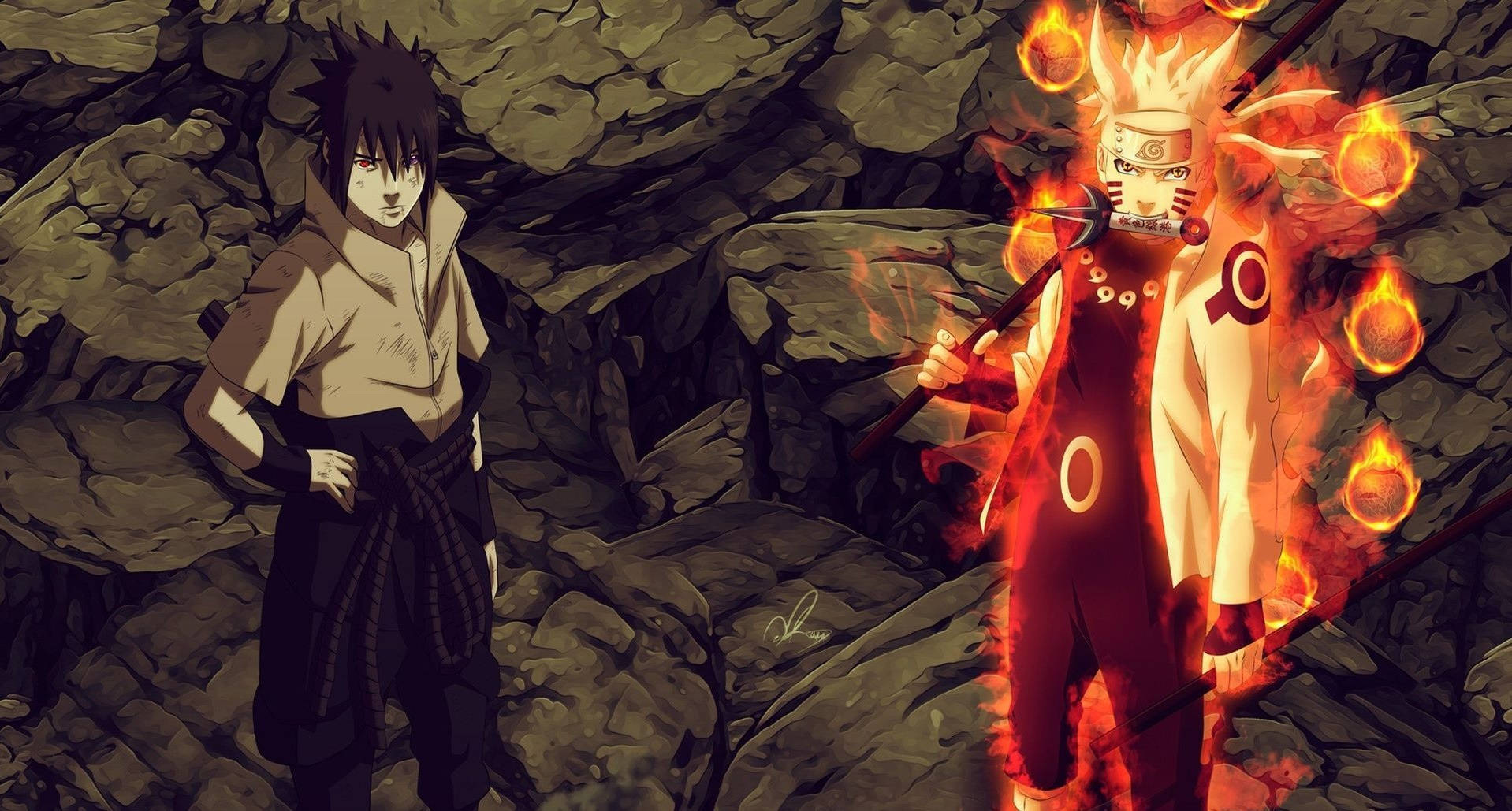 Anime Naruto Fighting Together With Sasuke Uchiha Background