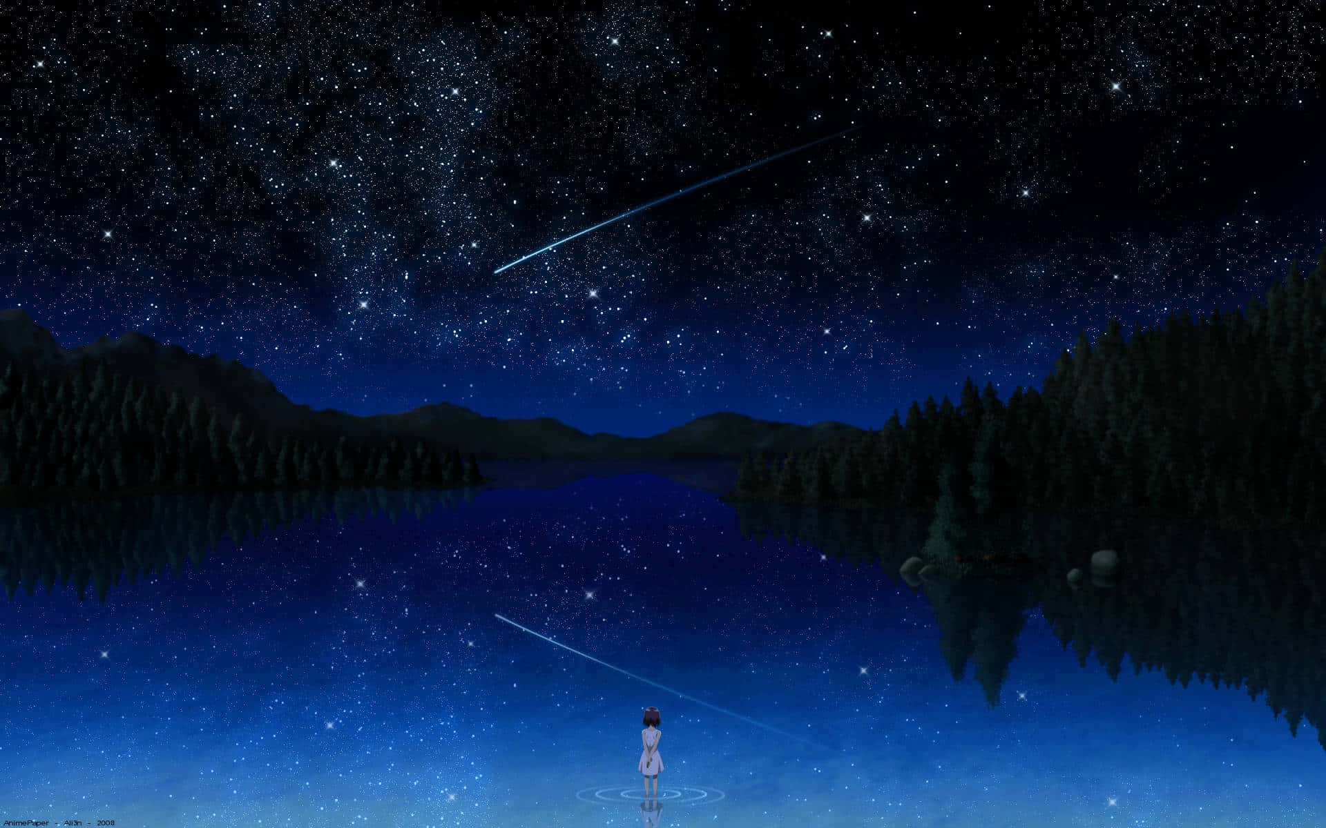 En sø med et stjernefyldt himmel reflekteret på det Wallpaper