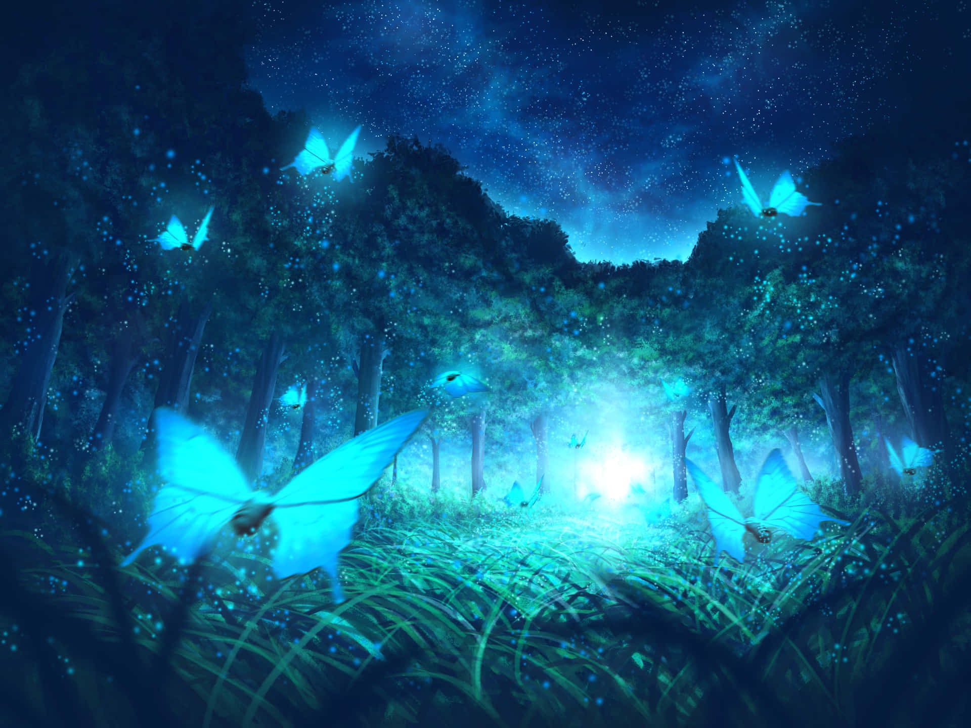 En skov med blå sommerfugle, der flyver omkring det Wallpaper
