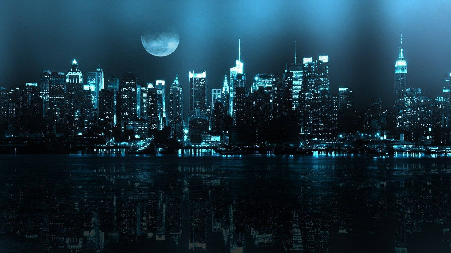 Moon Hovering Above An Anime Night City Wallpaper