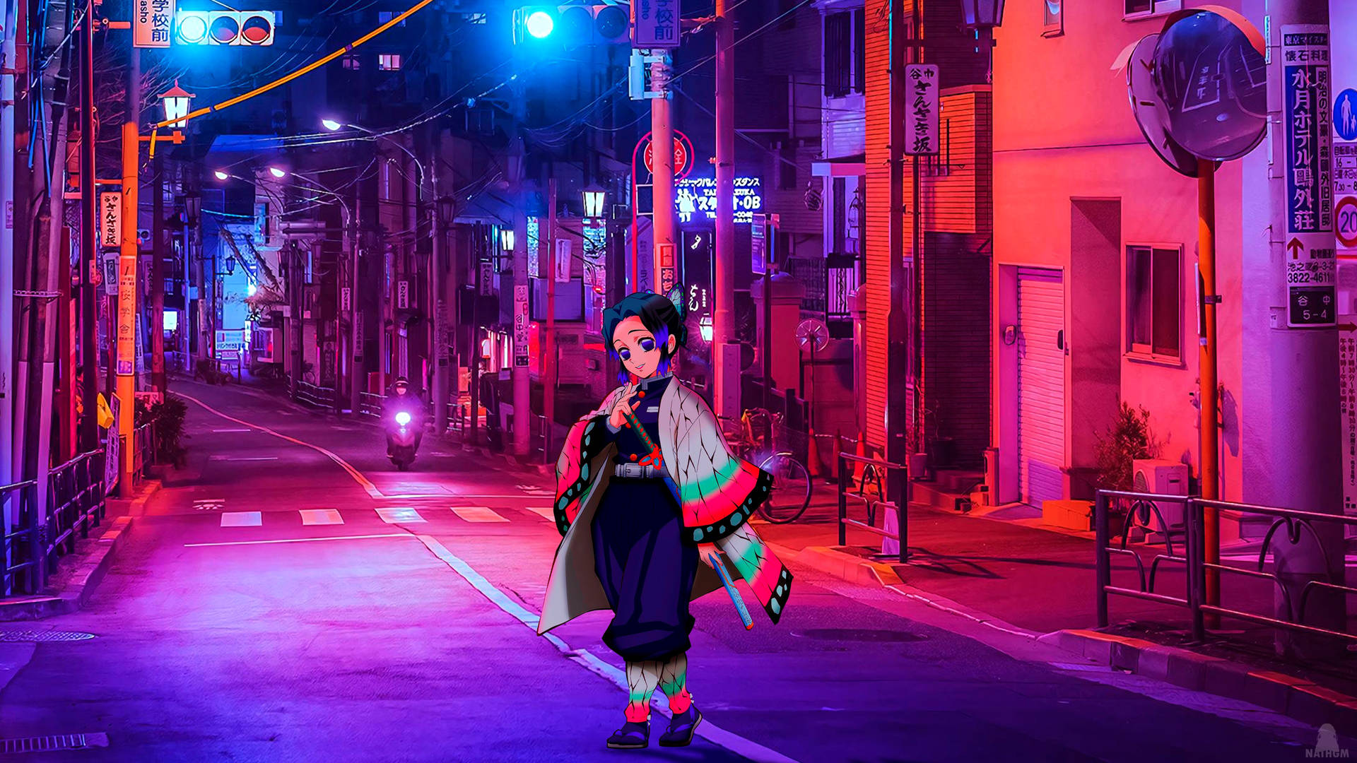 Download Girl Posing In Anime Night City Wallpaper 