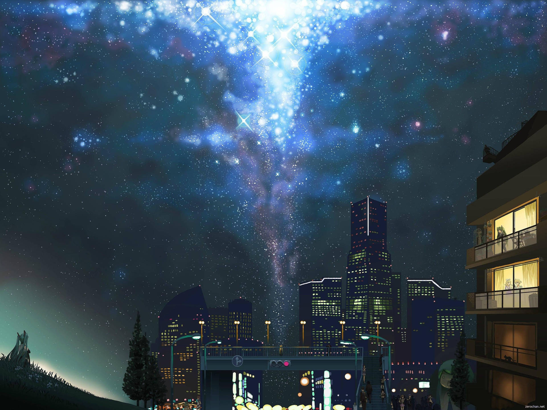 Bộ sưu tập ảnh nền anime đêm thành phố sẽ mang đến cho bạn cảm giác bị cuốn hút bởi những ánh đèn lung linh và những tòa nhà cao chọc trời. Translation: The collection of anime night city wallpapers will give you a mesmerizing feeling of being drawn to the sparkling lights and tall skyscrapers.