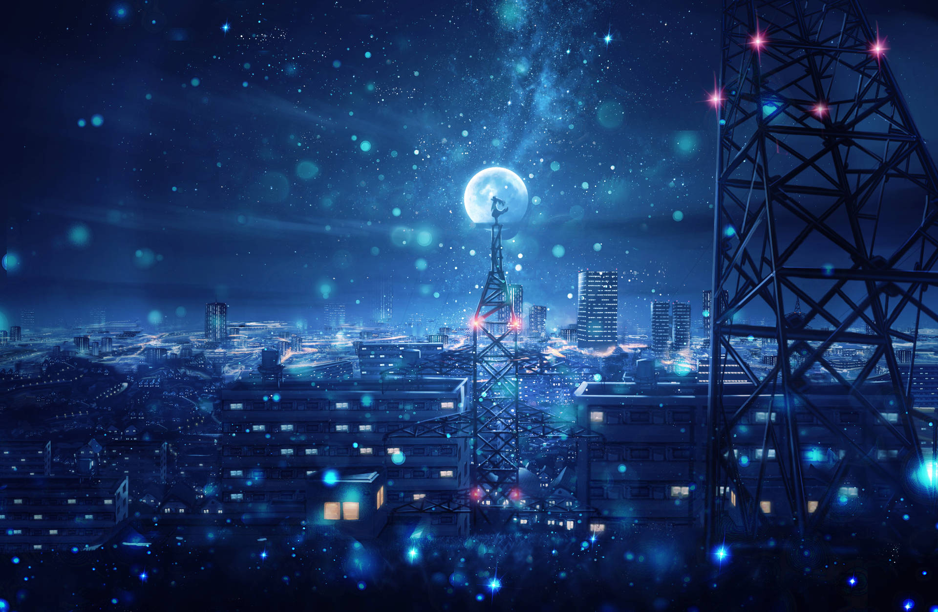 Stroll down the bustling anime night city. Wallpaper