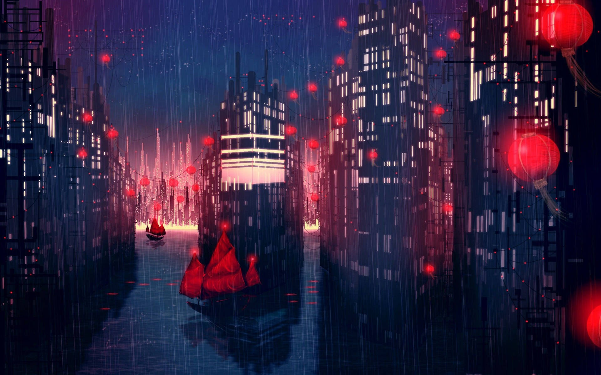 Red Lanterns All Over Anime Night City Wallpaper