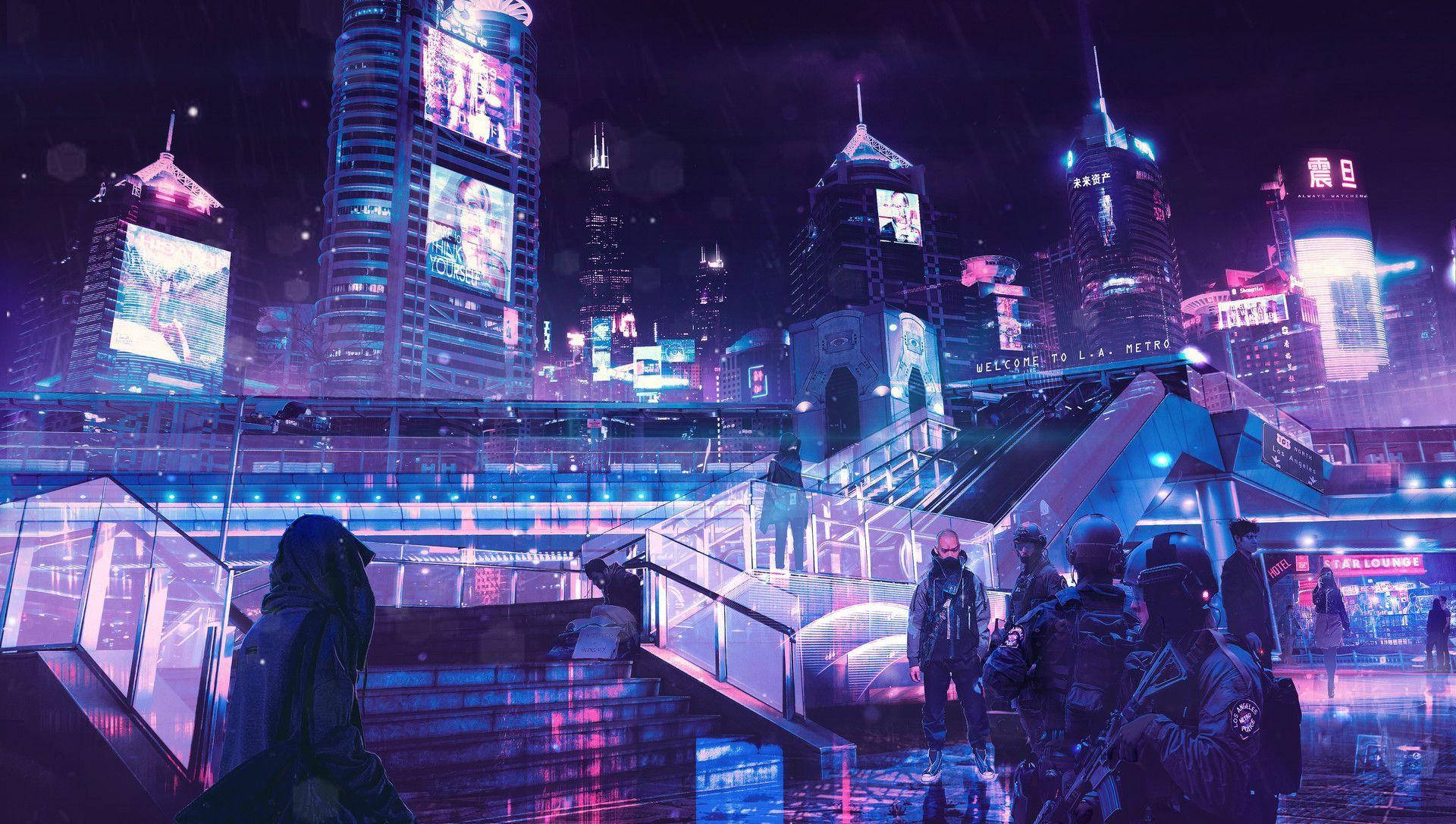 "A breathtaking view of downtown Anime Night City" Wallpaper